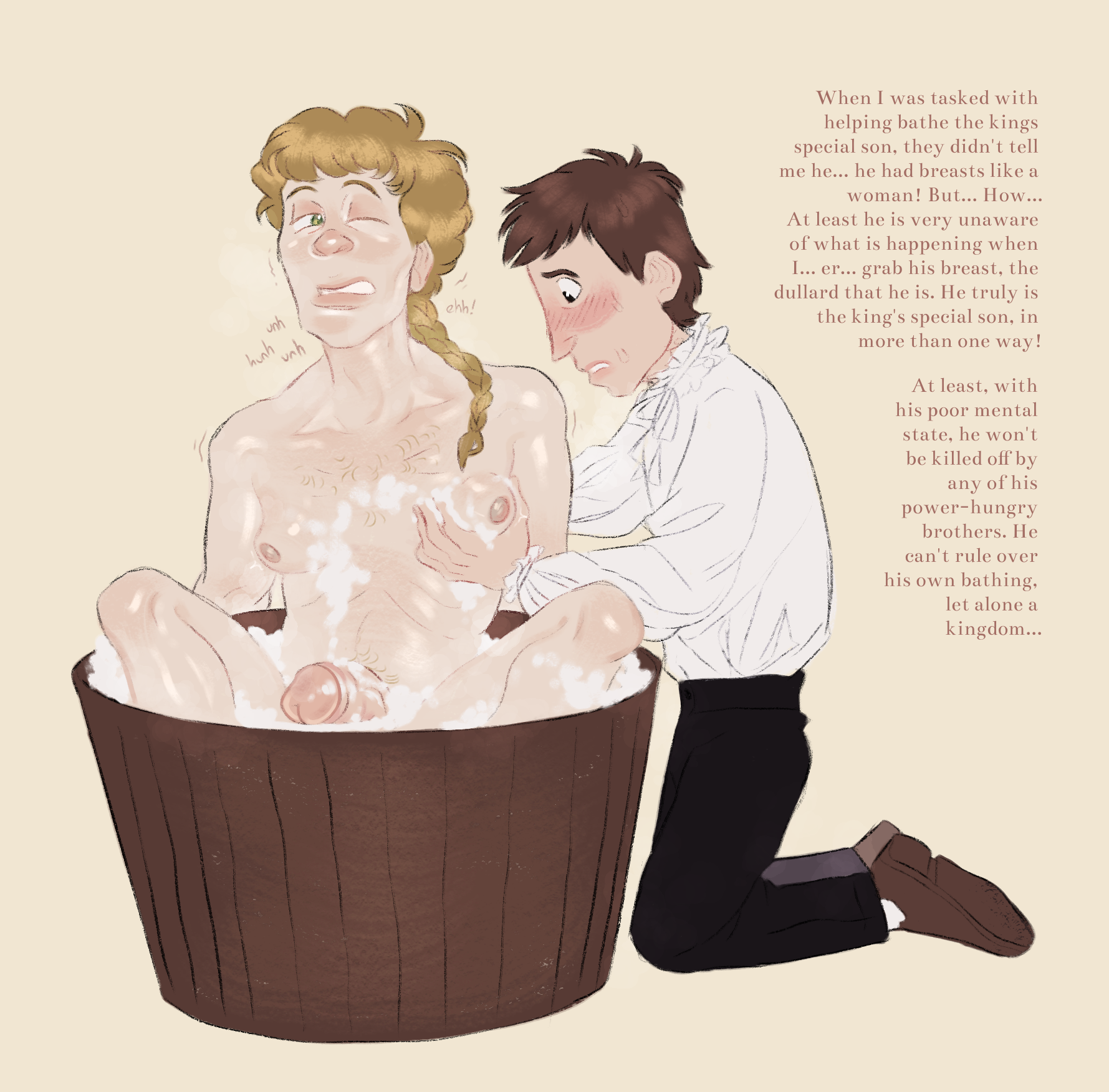 2boys aroused aroused_by_another aroused_male assistant assisted_bathing basin bath bathing bathing_another big_penis blonde-haired_male blonde_hair blush blush_lines blushing_male braid braided_hair breasts bubbles chest_hair clean concerned concerned_look confusion digital_media_(artwork) dumb_male english english_text erection erection_from_groping frilled_collar frilled_sleeves frills gay grabbing_another's_breast grabbing_breast grabbing_breasts gynecomastia hairy_male idiot innocent innocent_expression intellectual_disability legs_open legs_up male male/male male_focus male_only man_boobs man_breasts man_tits mental_disability mental_illness mentally_deficient mr_shrink naked neck_ribbon nipples non-verbal_character original original_character original_characters penis rat_tail royal royalty servant service shiny shiny_body shiny_hair soap soap_bubbles suds turned_on unable_to_speak unashamed uncomfortable unsure washing washing_another washing_body wooden_bathtub