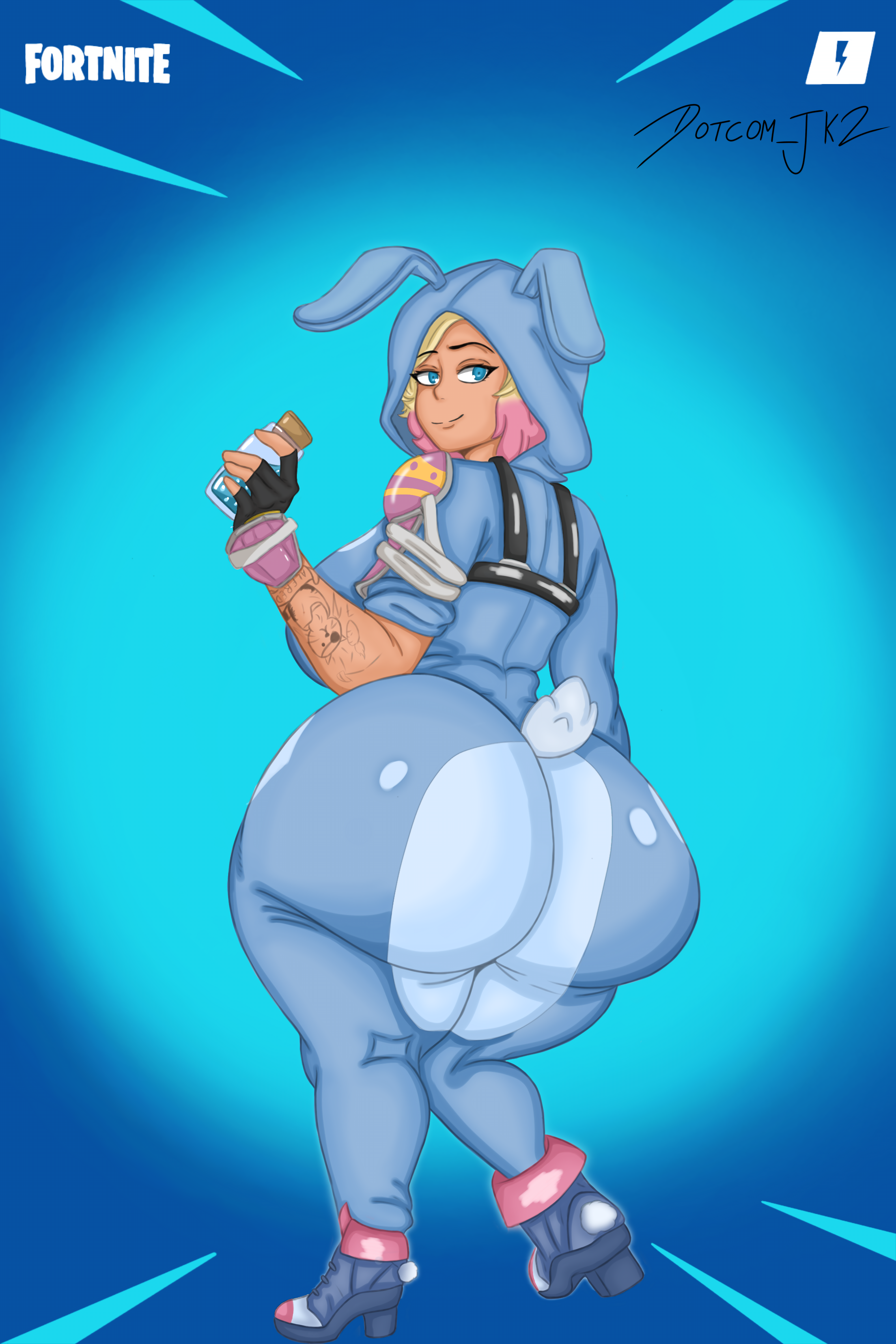 big_ass big_girl big_thighs blue_eyes bunny_ears bunnysuit dotcomjk2_(artist) dumptruck_butt fortnite holding_object looking_at_viewer looking_back miss_bunny_penny_(fortnite) penny_(fortnite) tattooed_arm two_tone_hair