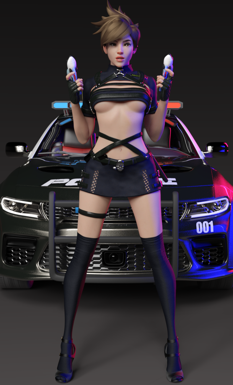 tracer, blizzard entertainment, overwatch, 3d, 3d (artwork), daz3d, daz studio, breasts, heels, high heels, kneesocks, pin3d, police, police uniform, policewoman, underboob, 