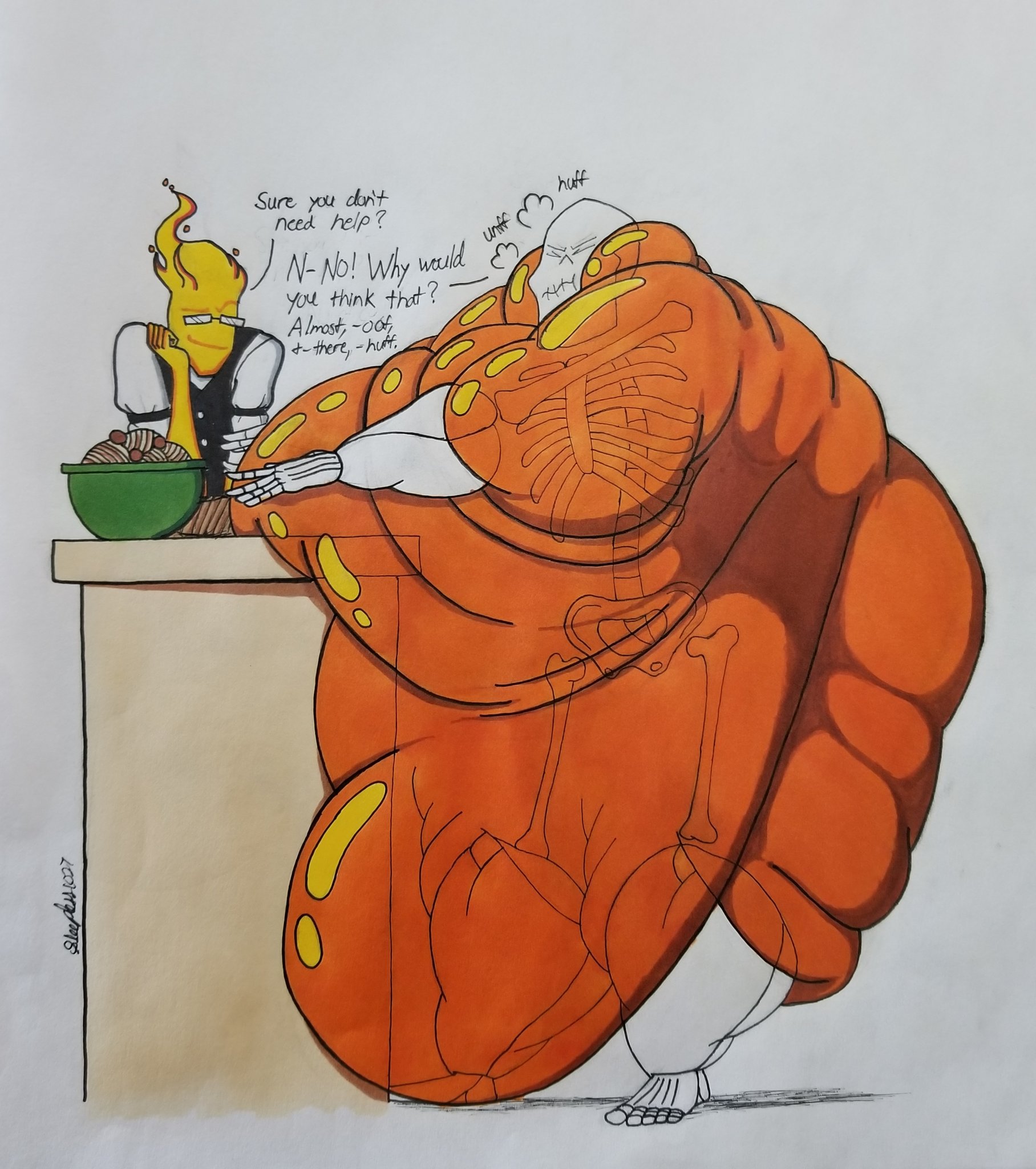 bhm, grillby, papyrus, undertale, 2boys, 2males, belly, big belly, fat, fat legs, fat man, fat thighs, gay, huge belly, huge moobs, hyper, hyper belly, hyper fat, hyper overweight, love handles, male, male/male, male only, moobs, no humans, obese, obese male, overweight, overweight male, thick, thick legs, thick thighs, thighs, weight gain, 