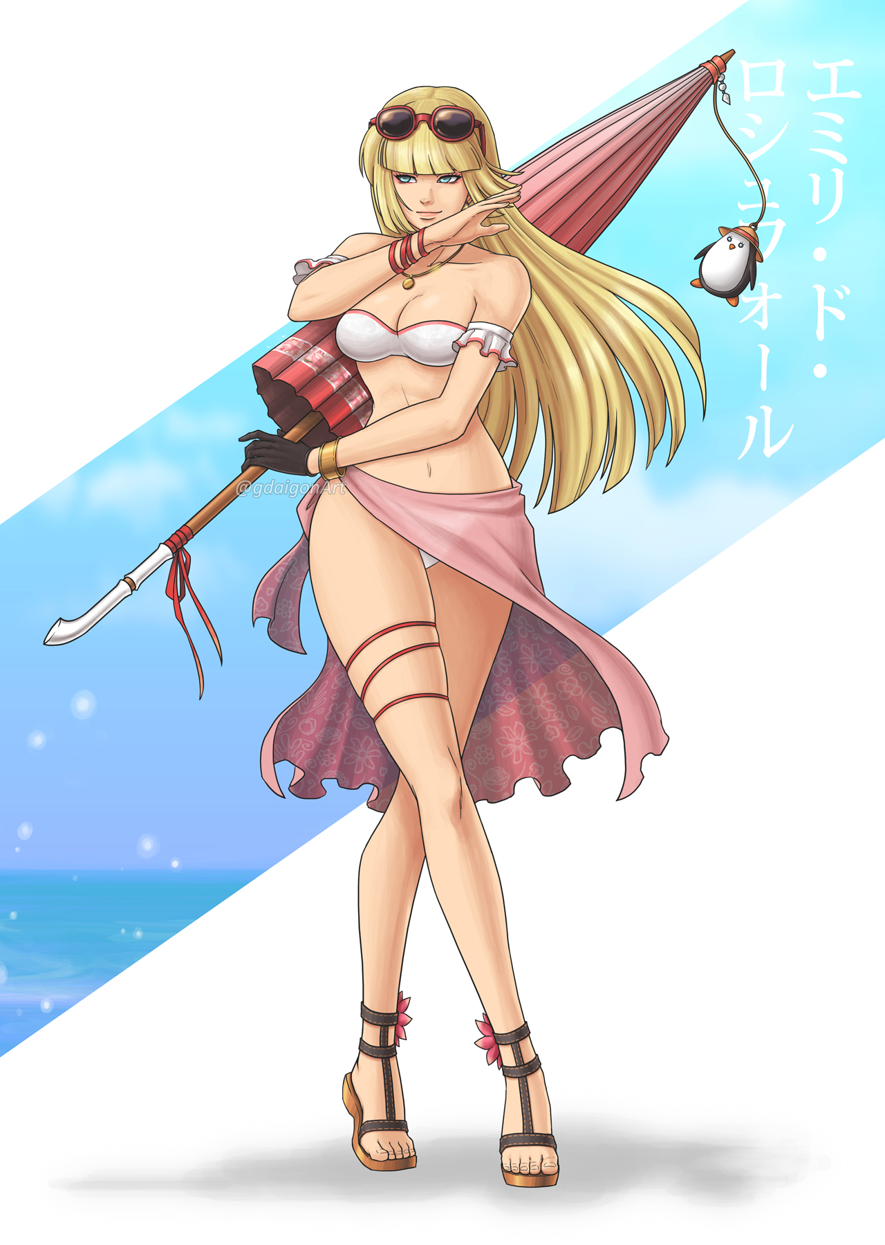 emilie de rochefort, namco, tekken, highres, alluring, bikini, bird, blonde hair, blue eyes, breasts, cleavage, female, gdaigonart, gloves, long hair, parasol, penguin, sandals, single glove, sunglasses, swimsuit, tekken 8, transparent, umbrella, 