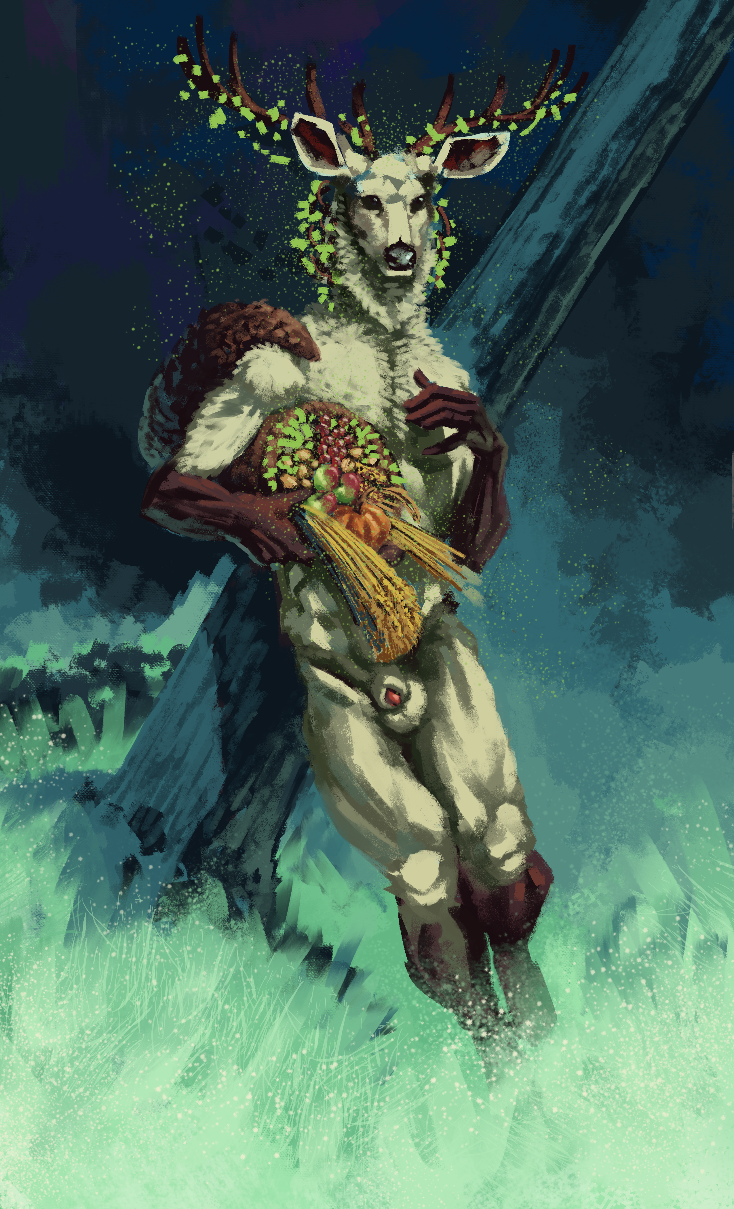 absurd res, digital media (artwork), hi res, simple background, animal genitalia, animal penis, anthro, antlers, balls, cervid, cervine, cornucopia, deity, druid, fluffy, genitals, horn, magic user, male, mammal, momamo, nude, outside, penis, plant, public, public nudity, sheath, solo, touching own chest, tribal spellcaster, 