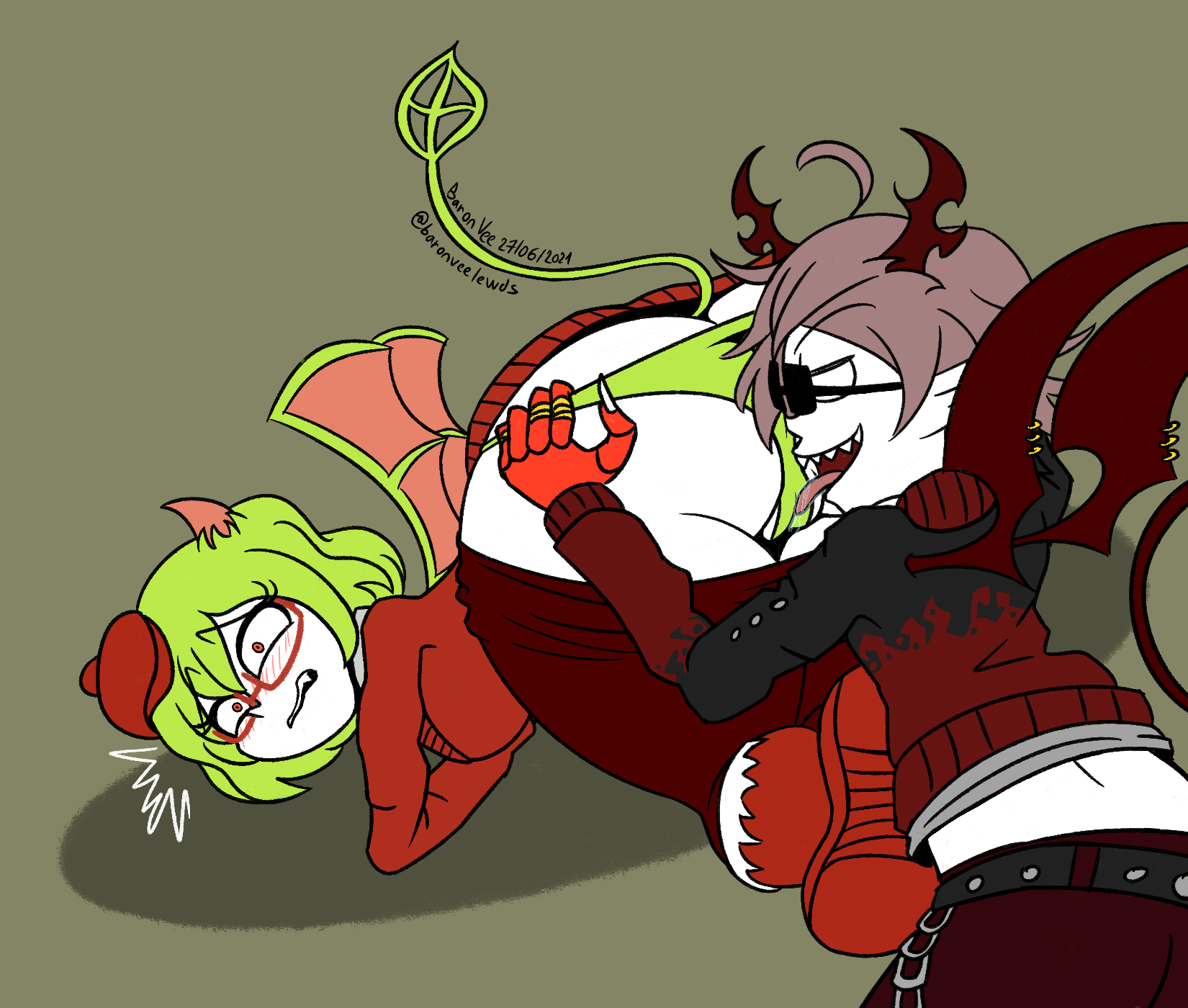 emalf, yosafire, the gray garden, 1boy, 1girls, ass, baronvee, beret, cameltoe, cunnilingus, cunnilingus through clothes, demon girl, demon horns, demon tail, eyewear, funamusea, glasses, green hair, hat, horn, horns, huge ass, huge butt, licking pussy, red eyes, shoes, tail, 