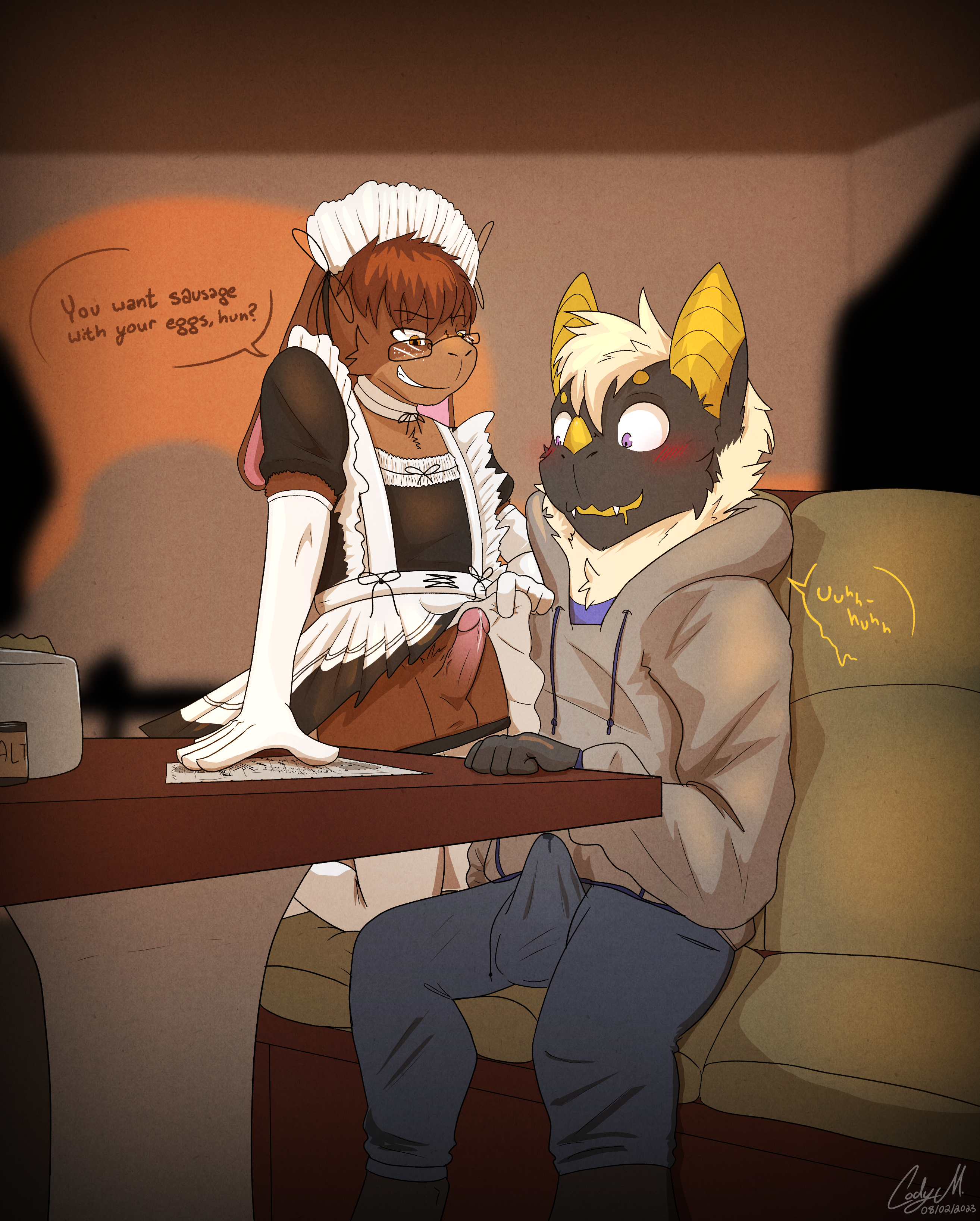 absurd res, english text, hi res, speech bubble, text, ally the werebat, anthro, bat, blush, blush lines, bodily fluids, bottomwear, cafe, clothed, clothing, clothing lift, codymathews, dialogue, erection, furniture, genital fluids, genitals, gloves, handwear, hoodie, humanoid genitalia, humanoid penis, lagomorph, leporid, maid uniform, male, male/male, mammal, penis, precum, presenting, rabbit, raised bottomwear, raised clothing, raised skirt, sage the bunny, skirt, skirt lift, table, topwear, uniform, 