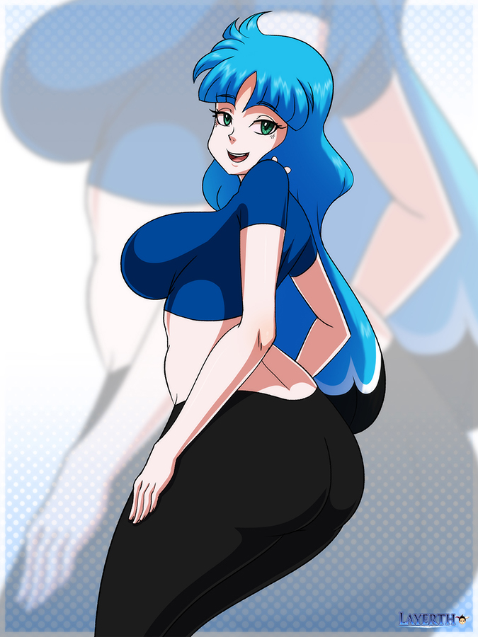 layerth, ass, black leggings, blue hair, breasts, female, female focus...