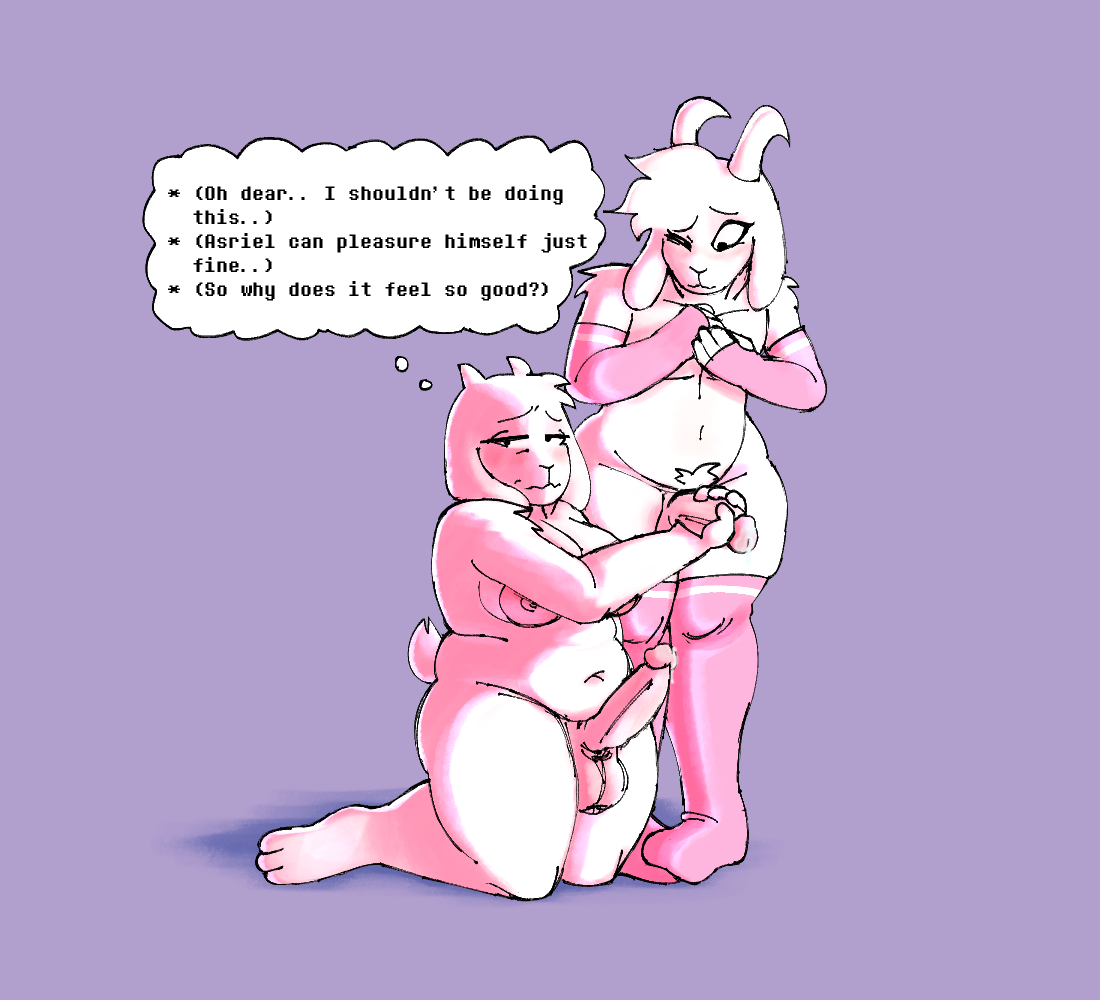 age_difference anonymous_artist anthro asriel_dreemurr big_breasts blush bodily_fluids boss_monster_(undertale) bovid breasts caprine clothing duo english_text erection femboy femboy_asriel futa_on_male futanari genital_fluids goat half-closed_eyes handjob incest incest_(lore) intersex intersex/male kneeling legwear male mammal mature_intersex mother_(lore) mother_and_child_(lore) mother_and_son_(lore) narrowed_eyes parent_(lore) parent_and_child_(lore) parent_and_son_(lore) penile penis precum reluctant sex slightly_chubby son_(lore) text thick_thighs thigh_highs toriel undertale undertale_(series)