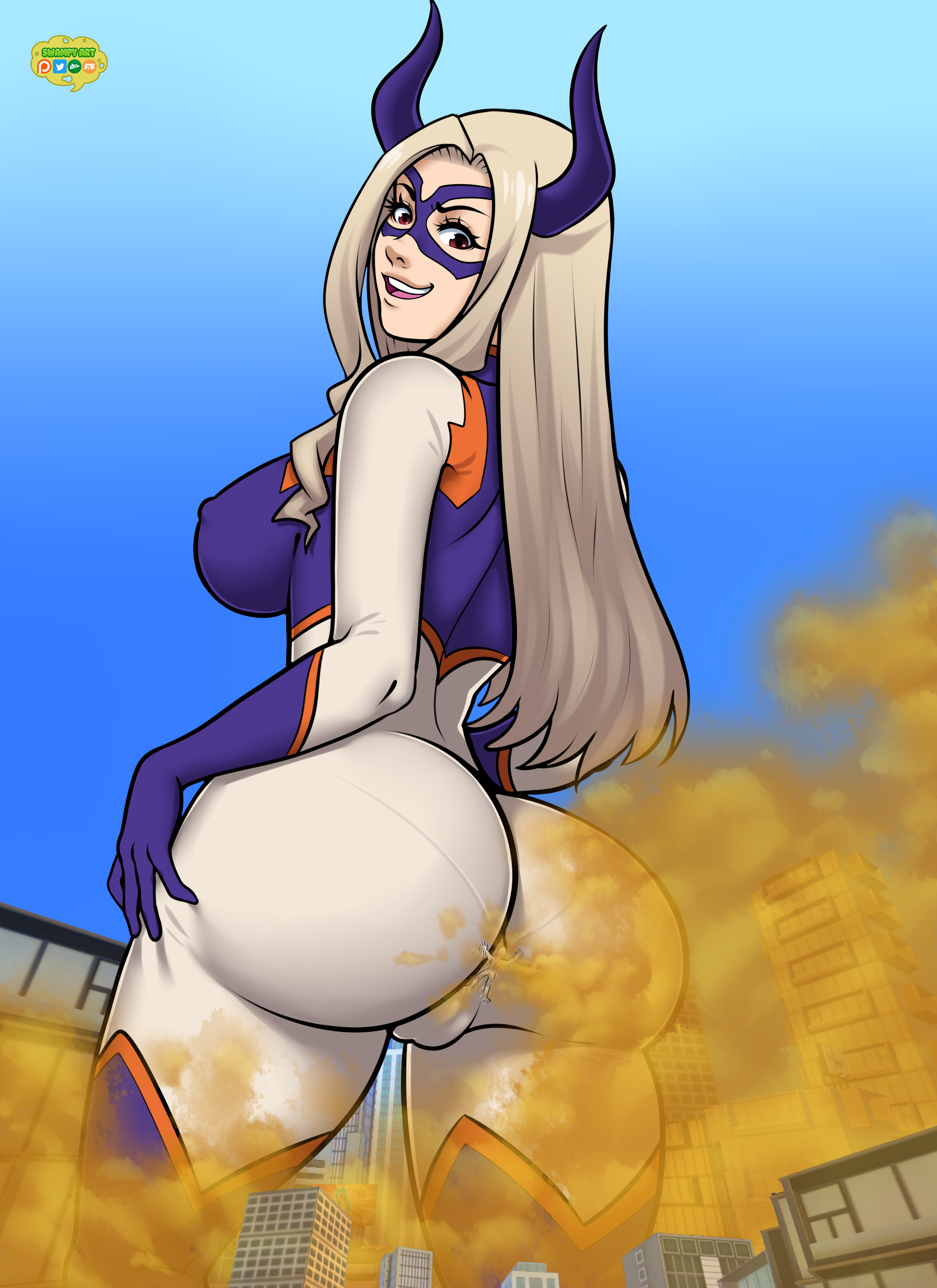 watermark, 1boy, 1girls, big ass, big breasts, big butt, blonde hair, fart,...