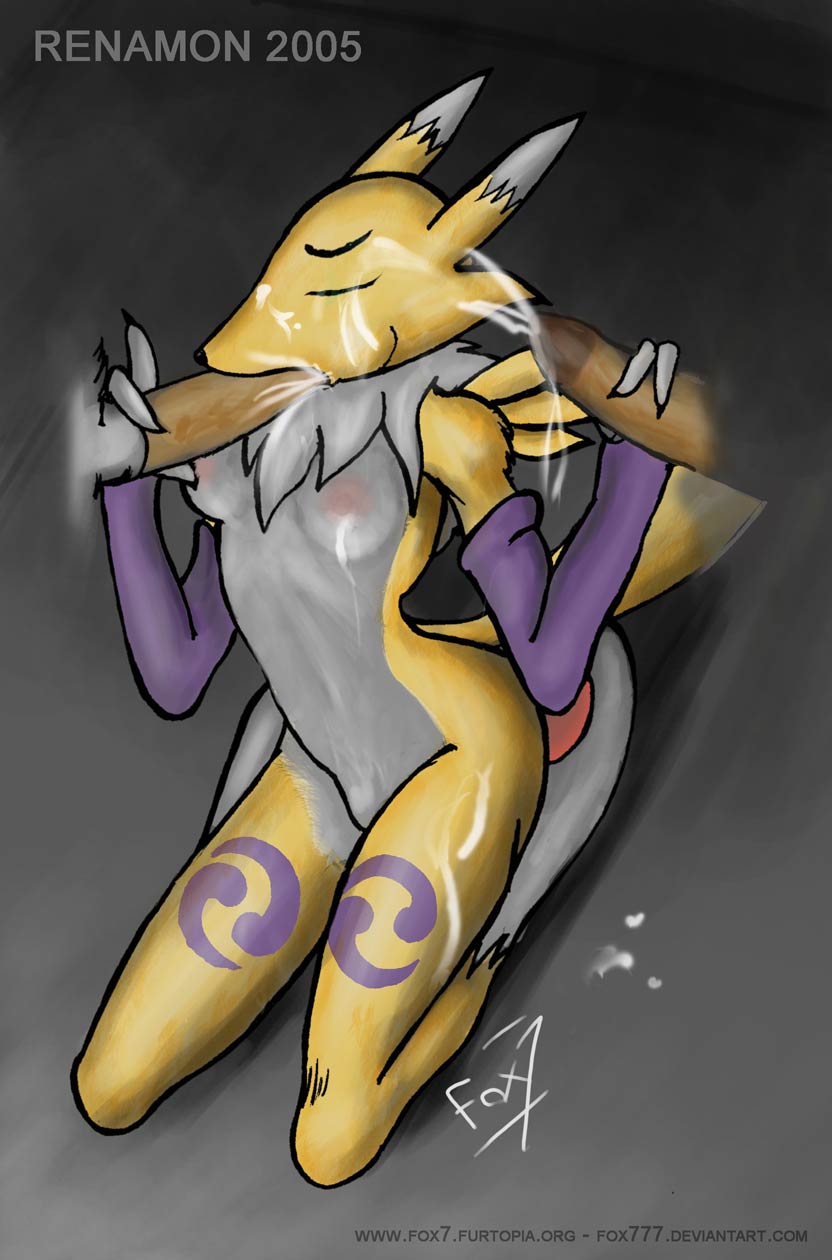 fox7, renamon, digimon, 2005, breasts, cheek bulge, chest tuft, closed eyes, cum, cum in mouth, cum inside, cum on breasts, cum on face, cum on leg, cumshot, disembodied penis, fellatio, female, fur, gloves, handjob, kneeling, male, oral, oral sex, orgasm, penis, sex, straight, tuft, white fur, 