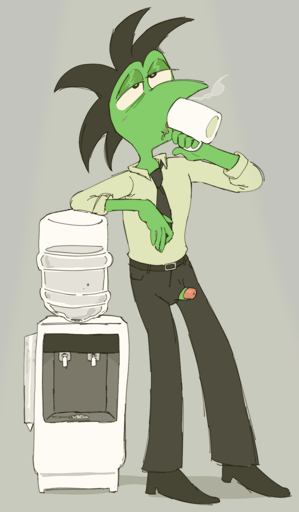 jack (webcomic), hi res, accidental exposure, anthro, bob vorsh (jack), clothing, container, cup, dinosaur, genitals, male, penis, poking out, reptile, scalie, solo, suit, unaware, vompossum, wardrobe malfunction, water cooler, 