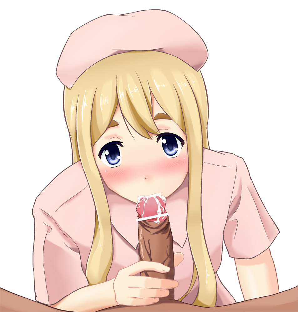 noselsia, tsumugi kotobuki, k-on!!, censored, blonde hair, blue eyess, blush, cum, dark-skinned male, dark penis, dark skin, fellatio, female, hat, human, interracial, male, nurse, nurse cap, oral, penis, 
