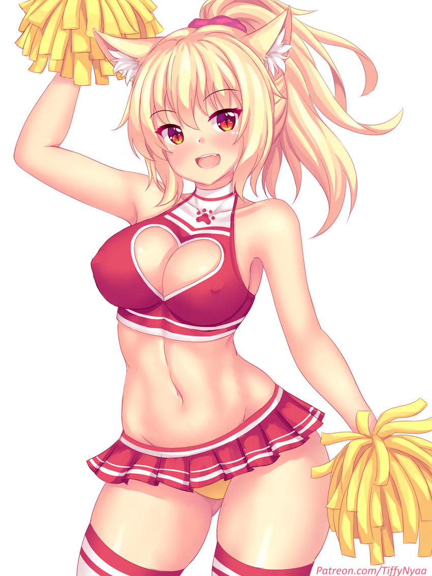 tiffy, tiffynyaa, animal ears, breasts, cheerleader, cleavage, cleavage cutout, erect nipples, erect nipples under clothes, miniskirt, panties, yellow panties, 