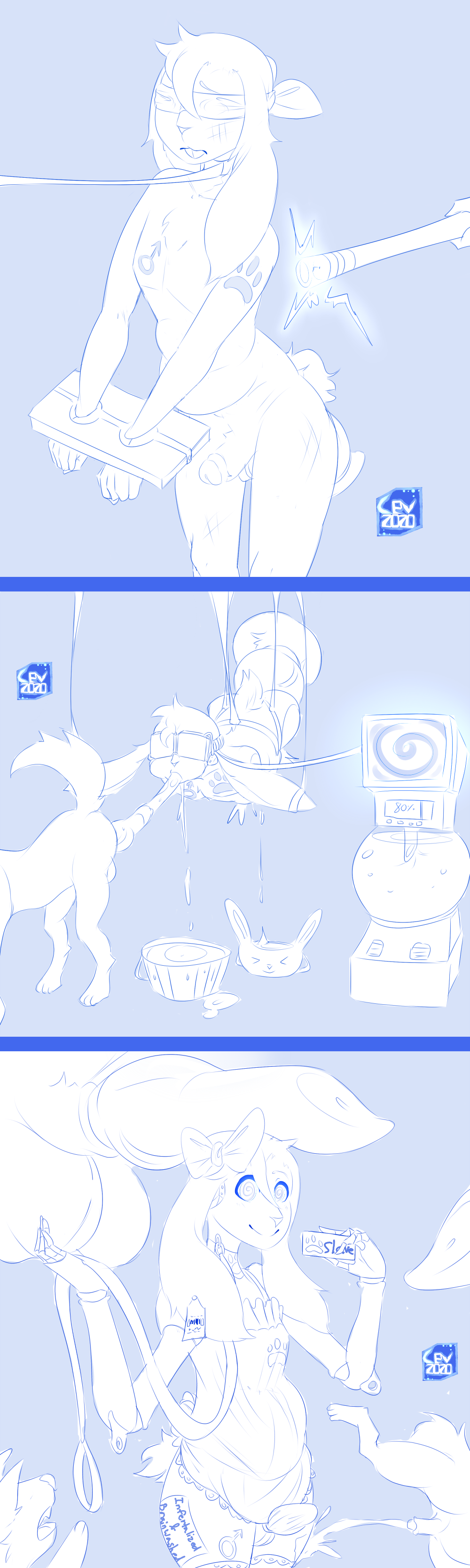 cev, 2020, absurd res, comic, digital media (artwork), english text, hi res, monochrome, simple background, sketch, text, accessory, amputee, anal, anal sex, animal genitalia, animal humanoid, animal penis, belly, big ears, big penis, blindfold, blue and white, bodily fluids, bondage, bondage rig, bound, brainwashing, branded, bucket, buckteeth, buttplug, buttplug in ass, canid, canine, canine penis, captured, chastity device, chubby male, clothing, cock sock, collar, cum, cum in container, cum in mouth, cum inside, dildo, disability, ear tag, erection, feminization, feral, force feeding, forced oral, gender symbol, genital fluids, genitals, girly, hair accessory, hair ribbon, hairbow, headgear, headphones, headset, helpless, huge cock, humanoid, knot, knotting, lagomorph, lagomorph humanoid, leash, legwear, leporid, leporid humanoid, machine, male, male/male, mammal, mammal humanoid, markings, mind break, mind control, oral, peeing, peeing on another, penetration, penis, penis clothing, progress bar, prosthetic, prosthetic arm, prosthetic leg, prosthetic limb, puffed cheeks, quadruple amputee, rabbit, rabbit humanoid, restrained, ribbons, sex, sex toy, sissification, slave, slightly chubby, small penis, socks, solo, spiral, spiral eyes, submissive, submissive male, suspension, symbol, teeth, urine, watersports, ♂, 