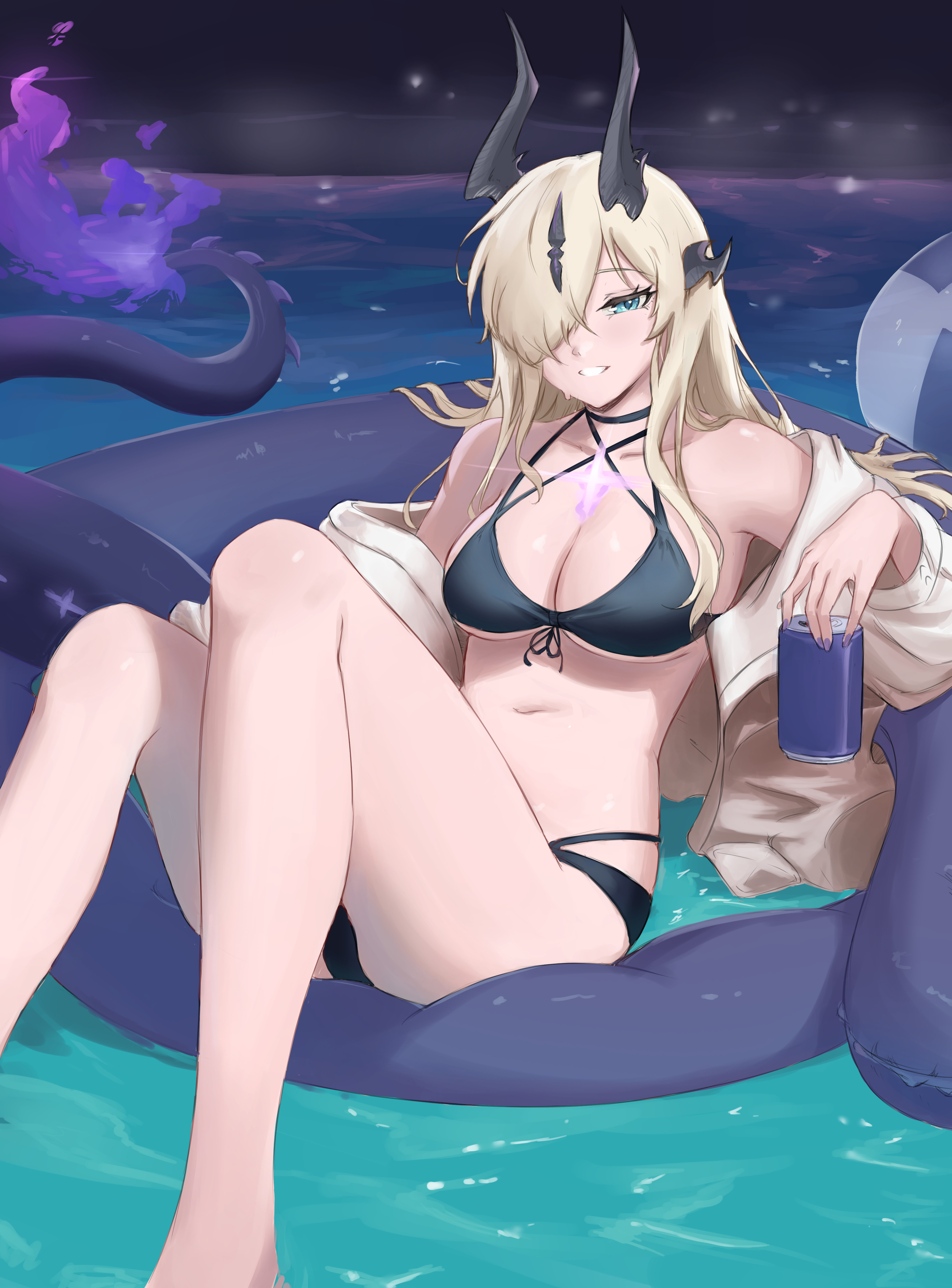 arknights, aqua eyes, bare shoulders, big breasts, bikini, bikini bottom, bikini top, black bikini, black bikini bottom, black bikini top, black bra, black panties, black swimsuit, blonde hair, blue eyes, bra, breasts, chest, cleavage, dragon tail, eblana (arknights), fangsod, hair over one eye, half-closed eyes, holding can, horns, legs, long hair, looking at viewer, navel, night, panties, shirt, shirt down, smile, smug, swimming, swimsuit, tail, thighs, tin, water, white shirt, 