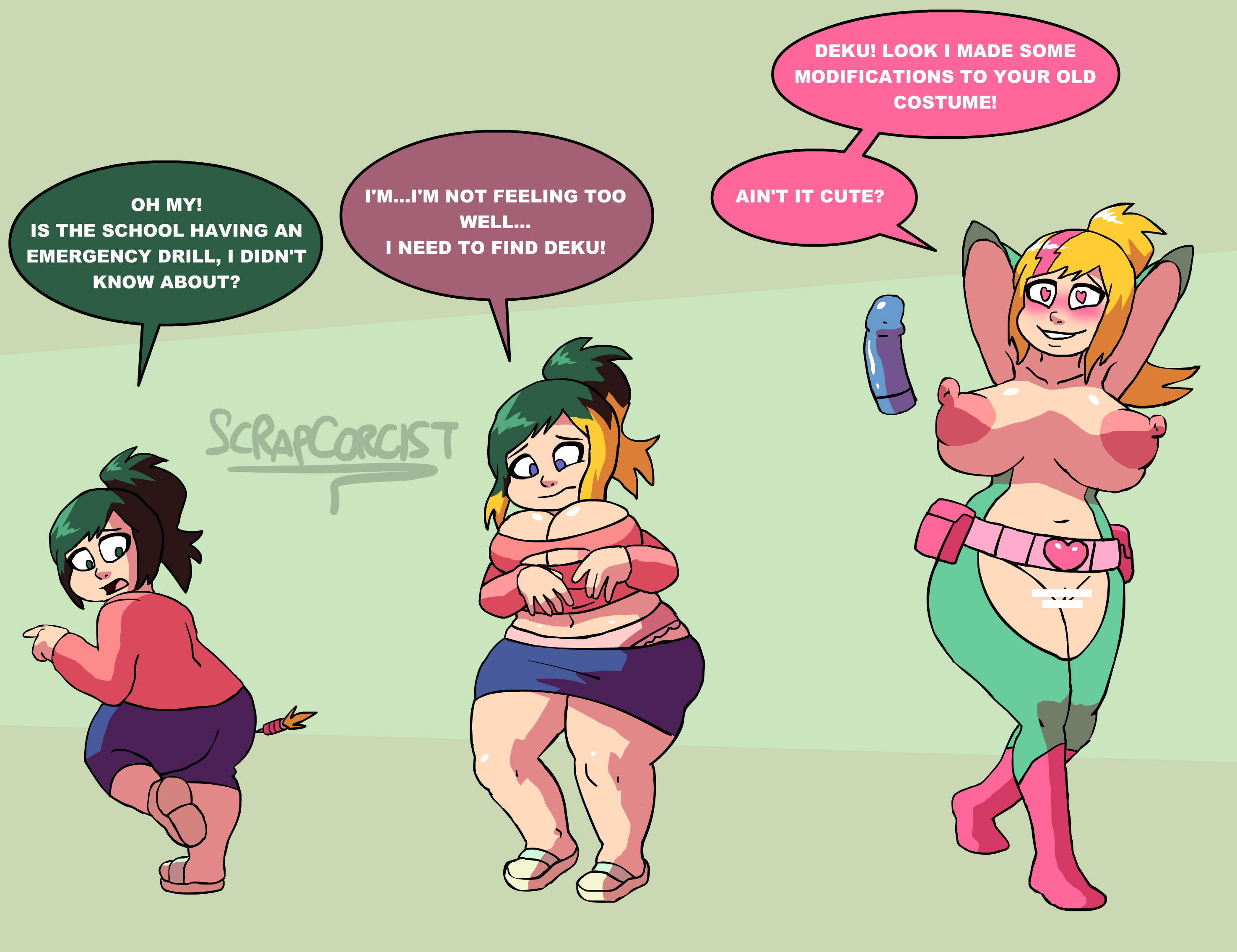 scrapcorcist, inko midoriya, my hero academia, 1girl, bimbo, bimbofication, breast expansion, dildo, milf, 