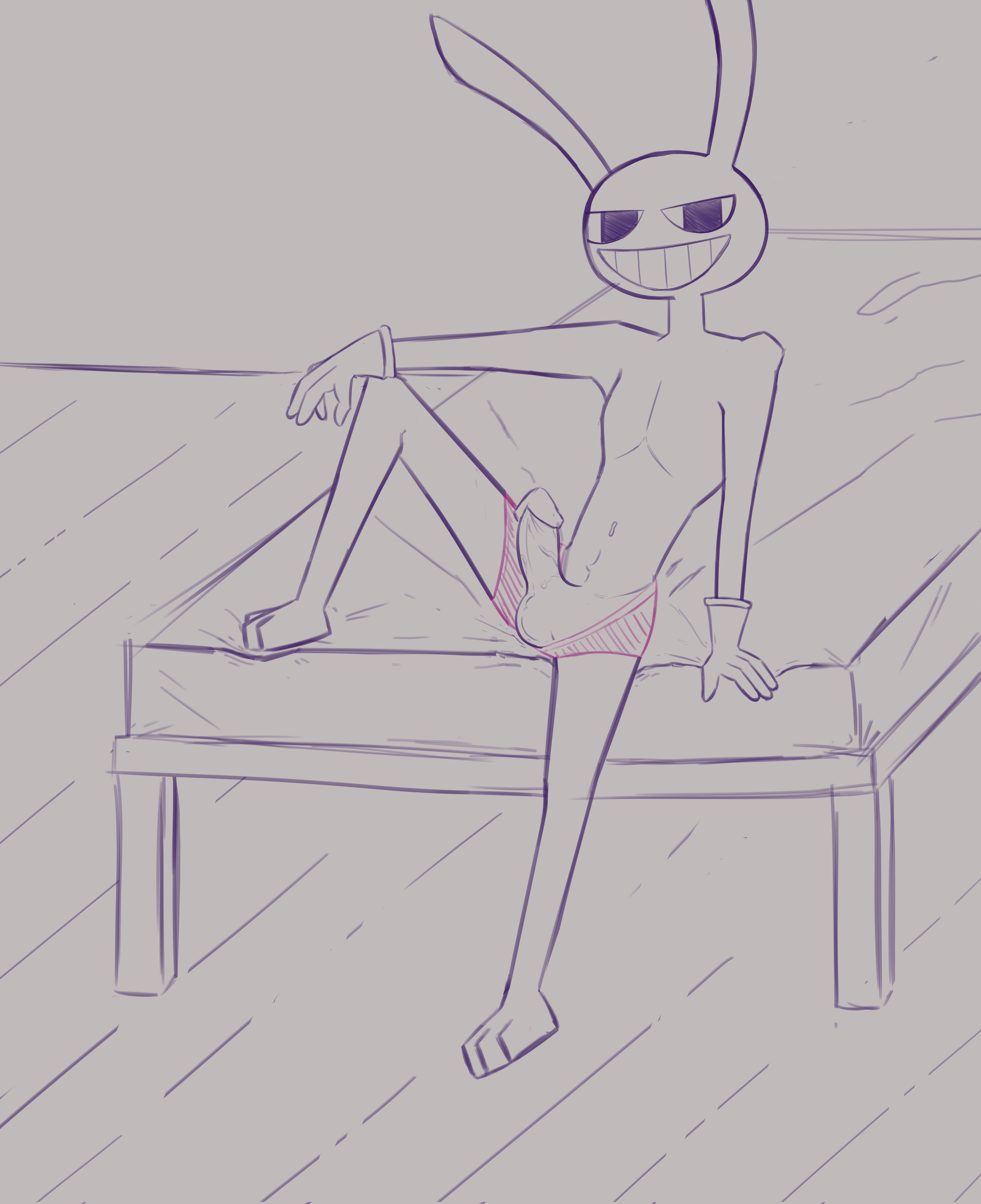 black and white, tagme, anthro, boxers, bunny ears, catsnotart, gloves, jax (the amazing digital circus), looking at viewer, male, penis, sitting on bed, smiling, the amazing digital circus, 