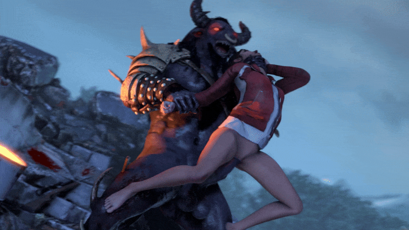 animated armor balls barrel black_hair bottomless_female brown_hair chest_hair dark_skin dead_by_daylight dominant_male feet_on_legs glowing_eyes greek_mythology gritted_teeth holding_arm horns horsecock interspecies large_dom_small_sub large_insertion left_4_dead living_sex_toy minotaur muscular_male neck_grab nose_ring outdoors partially_clothed red_eyes red_jacket restrained rifle rottingsfm size_difference source_filmmaker stomach_bulge submissive_female trees weak_resistance weapon zoey_(left_4_dead)