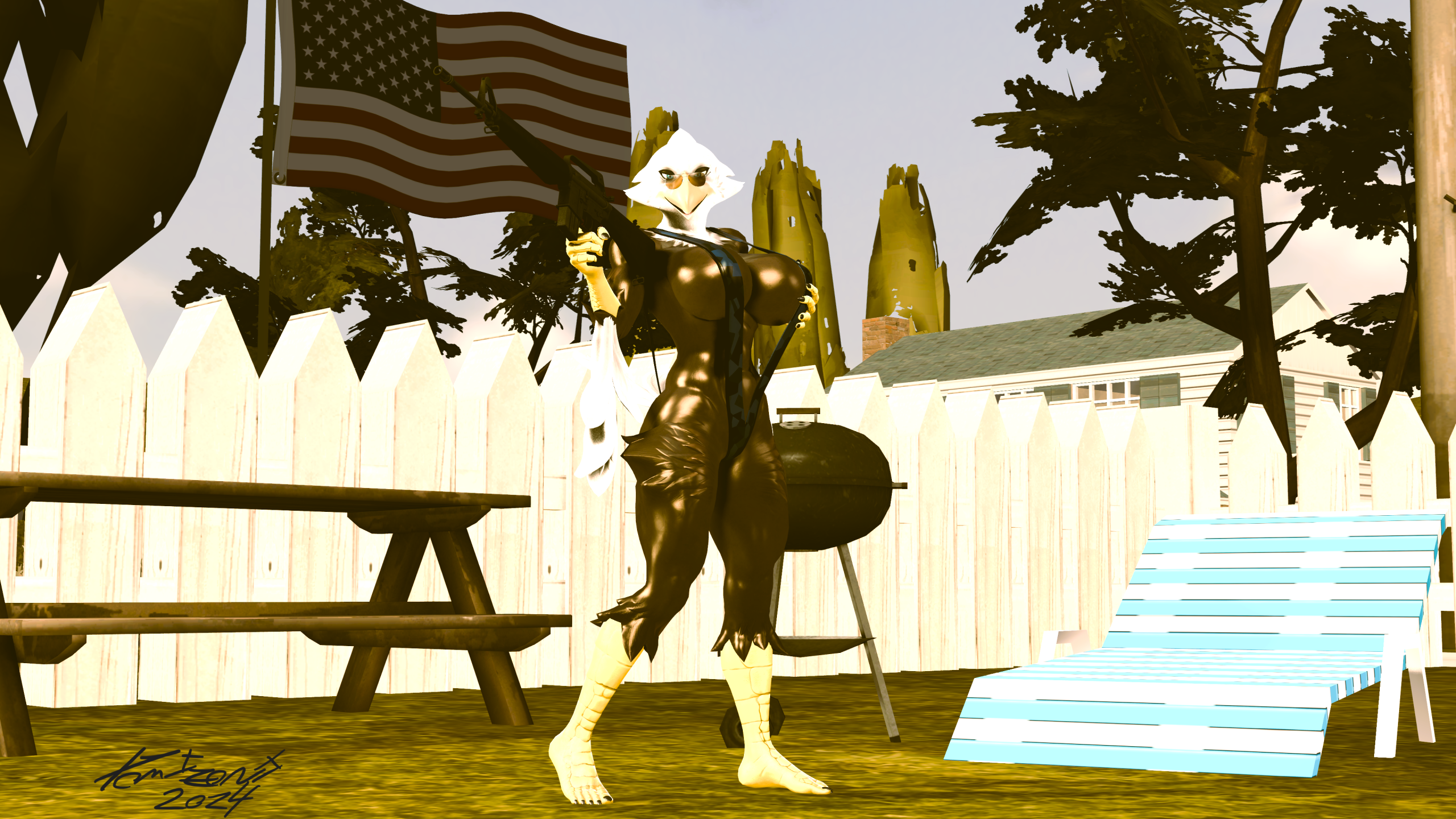 1girls 2024 3d 4th_of_july accipitrid accipitriform american_flag anthro athletic athletic_female avian big_breasts bird breasts clothing digital_media_(artwork) domizoni eagle eagle_(petruz) eyewear female fence furniture grill gun hi_res holidays one-piece_swimsuit picnic_table pinup pose ranged_weapon rifle sling_bikini solo source_filmmaker_(artwork) sunglasses sunglasses_on_face swimwear table united_states_of_america weapon wet wet_body