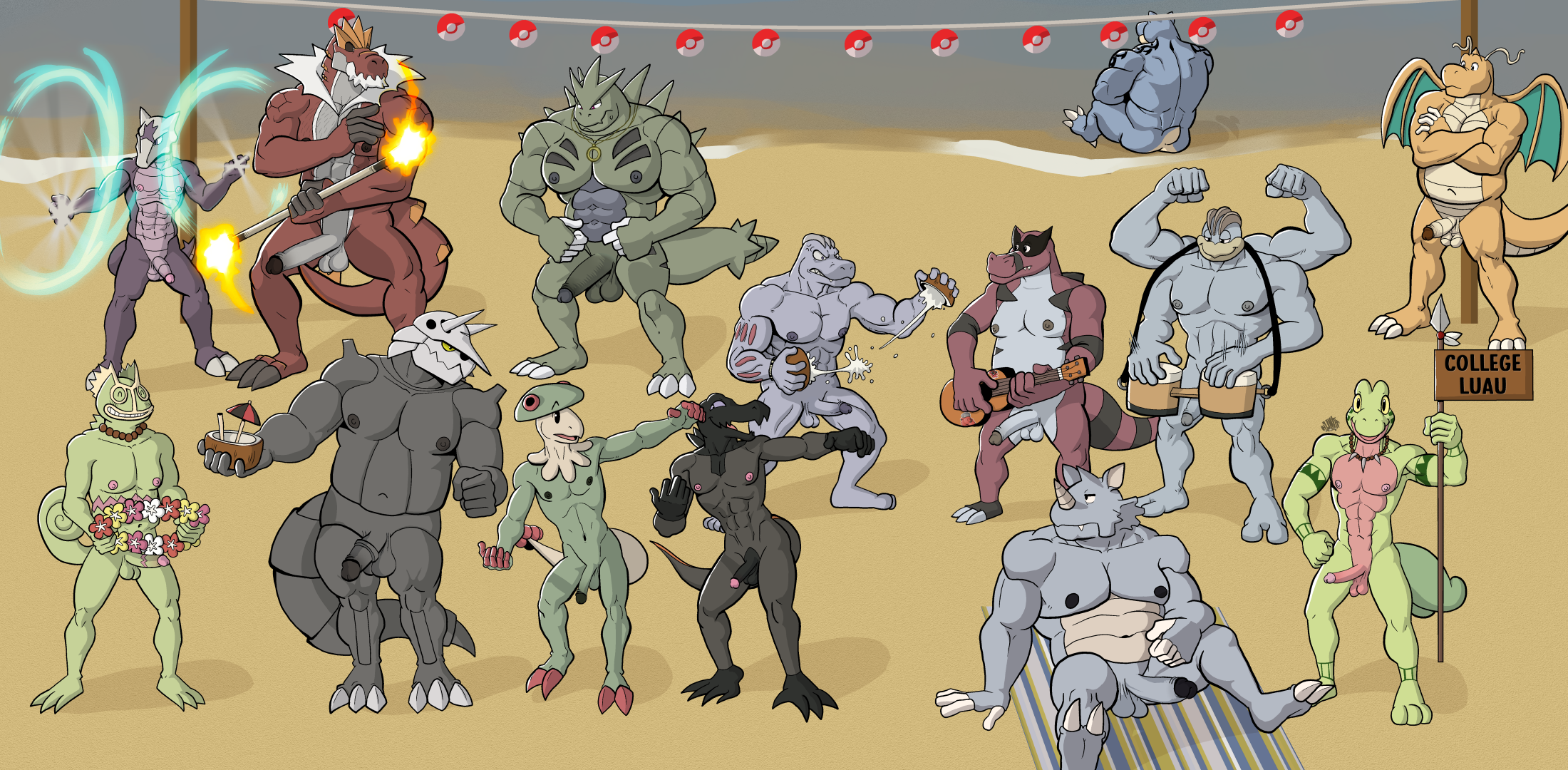 2_toes 3_toes 4_toes abs aggron alolan_form alolan_marowak anthro anton_o'moore bared_teeth barefoot beach beach_towel belly beverage biceps big_muscles biped blastoise blue_body blue_scales blush blush_lines bongo_drum bottomless bottomless_male breloom bryan_hall claws clothed clothing coconut coconut_drink crossed_arms curtis_sara_taylor dancing dragonite drum drupe_(fruit) erect_nipples erection exhibitionism eyebrows feet femboy fire fire_dancer fire_dancing fire_performance flaccid food fossil_pokemon fruit garland garth_forest generation_1_pokemon generation_2_pokemon generation_3_pokemon generation_5_pokemon generation_6_pokemon generation_7_pokemon genitals green_body green_scales grey_body grey_scales group hand_on_hip hawaiian herbert_gillespie hi_res hula hula_dancer hula_dancing humanoid_feet humanoid_genitalia humanoid_penis hunter-husky kecleon krookodile looking_at_viewer luau lute machamp machoke male male/male markings mature_male melee_weapon musclegut muscles muscular muscular_male musical_instrument navel nervous nintendo nipples nude nude_beach open_mouth orange_body orange_scales party penis percussion_instrument performance_art plant plantigrade plucked_string_instrument pokeball pokemon pokemon_(species) polearm pupils purple_sclera raymond_davis red_body red_scales regional_form_(pokemon) rhydon salandit sand scales scalie sea sebas_cooper shane_barker shoreline shoulder_strap sign snout spear spikes spikes_(anatomy) strength string_instrument tail tattoo teeth toes tongue topless topless_anthro topless_male torch towel treecko trenton_liddle tribal tribal_markings triceps twunk tyranitar tyrantrum ukulele ulisez_golderer unnamed_character vein veiny_penis ventral_scales water weapon white_sclera yellow_sclera