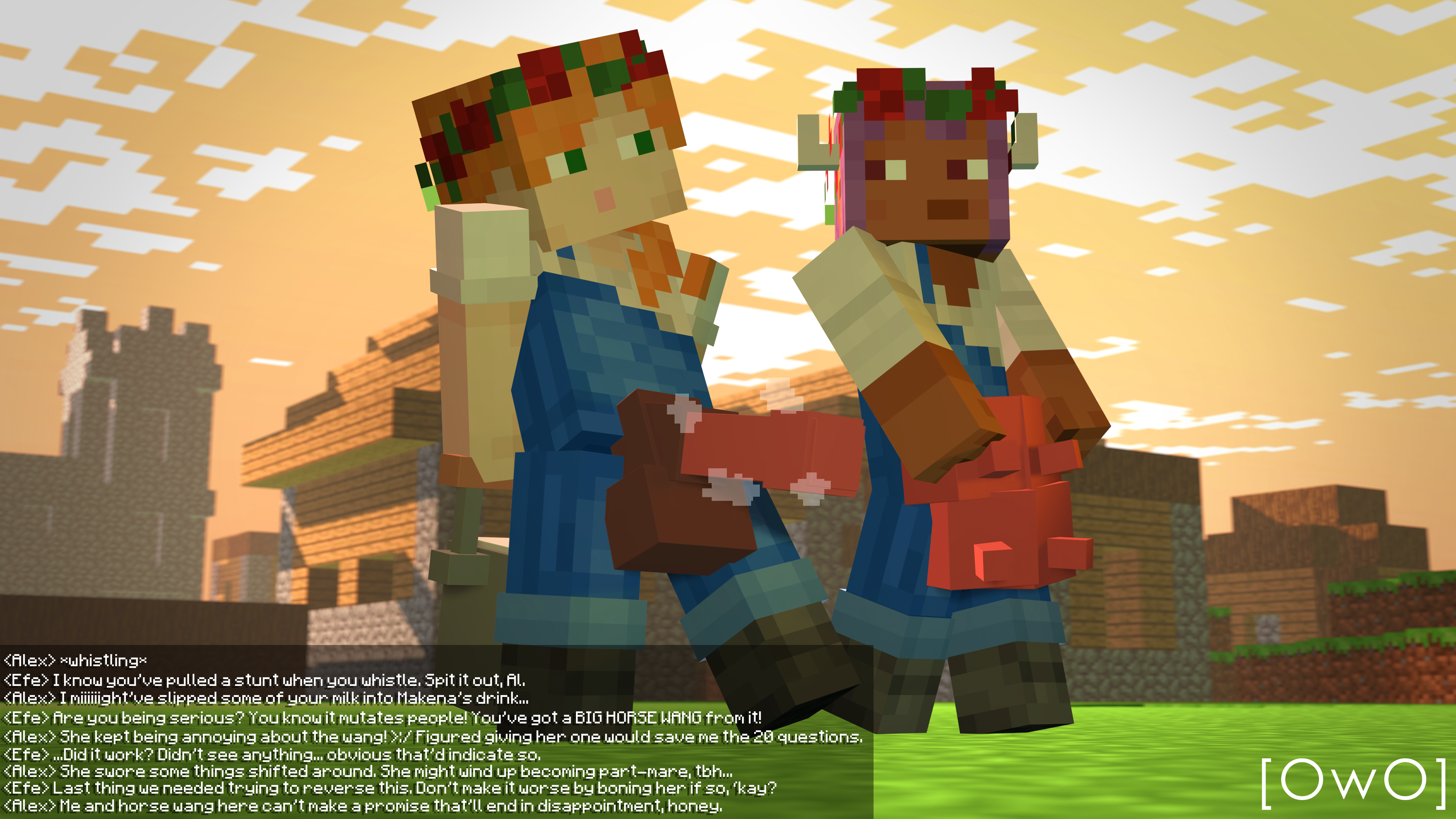 16:9 3d 4k absurd_res after_transformation alex_(minecraft) animal_genitalia animal_penis boots bottomwear clothing cloud digital_media_(artwork) duo efe_(minecraft) equine_genitalia equine_penis erection female footwear fti_transformation futanari gameplay_mechanics gender_transformation genital_growth genitals growth hair hi_res horsecock horsecock_futa human_with_animal_genitalia human_with_horsecock humanoid intersex looking_at_another microsoft minecraft mojang musk orange_hair outside overalls owo_sfm penis penis_growth post-transformation purple_hair shoes source_filmmaker_(artwork) sunset teats topwear transformation transformative_infection udder_growth udders village widescreen xbox_game_studios