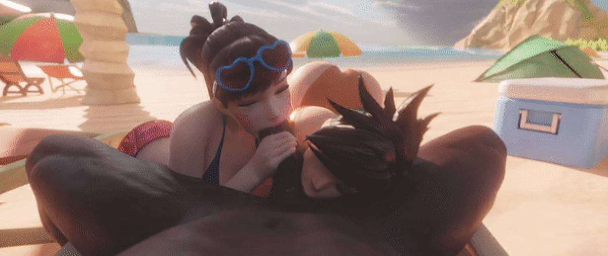 d.va, tracer, blizzard entertainment, overwatch, overwatch 2, 3d, animated, blender, 1boy, 2girls, asian female, brown eyes, brown hair, dark-skinned male, dark skin, erection, hana song, handjob, interracial, large penis, lena oxton, looking up, penis, summer, threedust, 