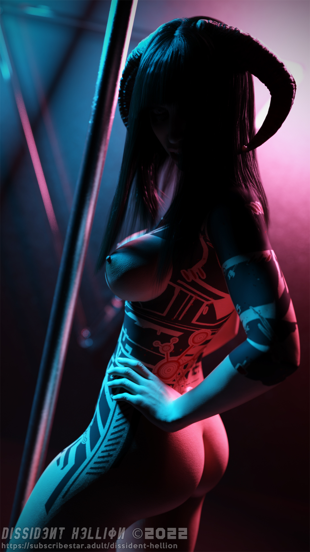 dissidenthellion, original character, original, pixiv, 1girls, black hair, demon, demon girl, demon horns, depth of field, female, female only, horns, large breasts, lilith (dissidenthellion), solo, solo female, stripper, stripper pole, tattoo, 