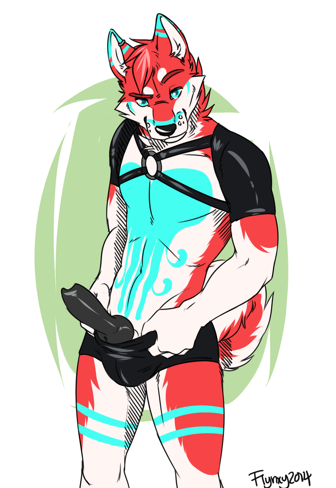 flynx-flink, tsu, 2014, pose, 1boy, anthro, balls, black penis, canine, clothing, fox, gear, harness, knot, looking at viewer, male, male only, mammal, penis, skinny, smirk, solo, tsukunertov, underwear, undressing, 