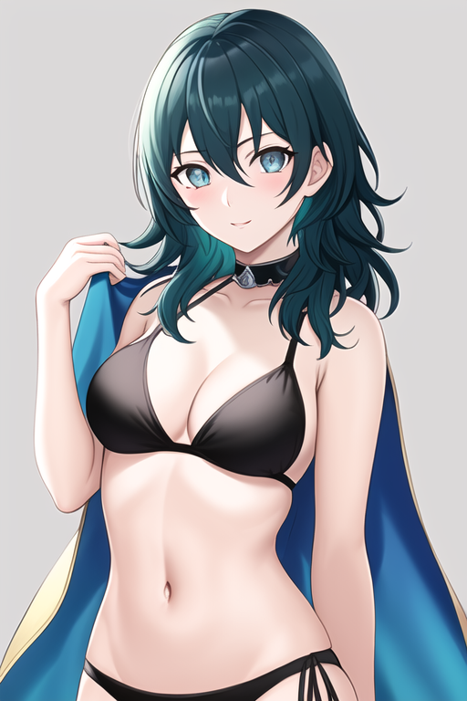 byleth (fire emblem), byleth (fire emblem) (female), fire emblem, fire emblem: three houses, nintendo, ai generated, alternate costume, bikini, black bikini, black swimsuit, breasts, denselance, female, female only, looking at viewer, nai diffusion, solo, stable diffusion, swimsuit, 
