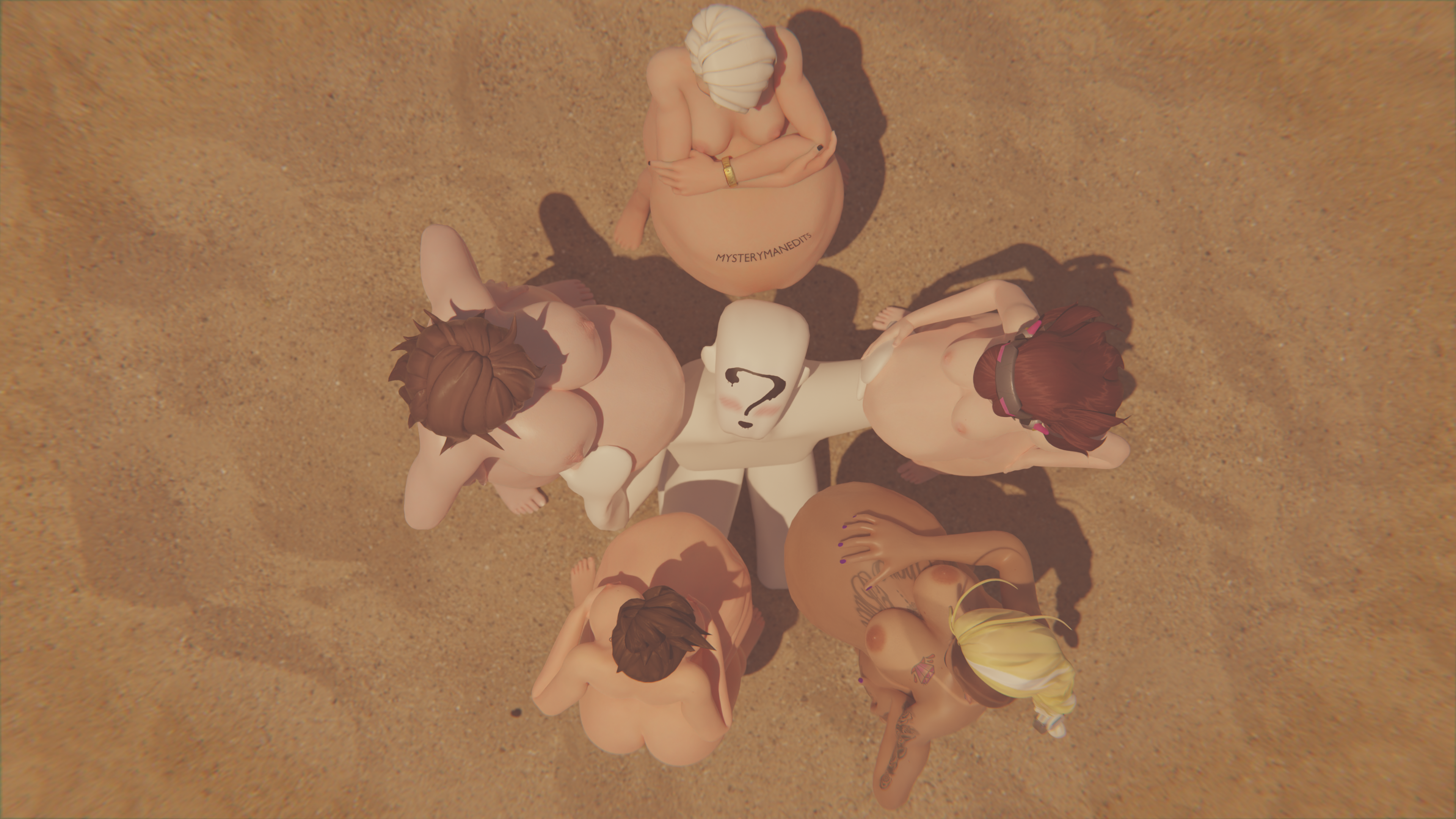 ashe (overwatch), d.va, mei (overwatch), sombra, tracer, overwatch, 3d, 1boy, 5girls, anonymous male, belly, belly rub, big belly, blonde hair, breasts, brown hair, dark-skinned female, dark skin, faceless male, female, hand on belly, male, mysterymanedits, nipples, pregnant, white hair, 