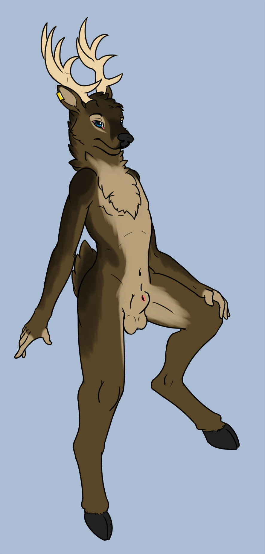 chakat-silverpaws, 2014, pose, 1boy, anthro, antlers, balls, blue eyes, cervine, elk, fur, hooves, horn, male, male only, mammal, nude, pinup, plain background, sheath, smile, solo, 
