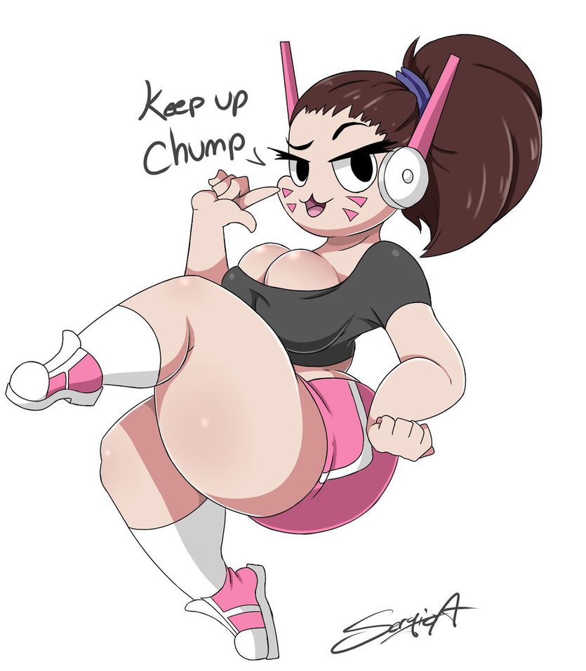 mehlewds, d.va, overwatch, english text, text, 1girls, :3, big breasts, breasts, brown hair, cleavage, cleavage cutout, clothing, crop top, dialogue, female, female only, headphones, looking at viewer, open mouth, pale-skinned female, pale skin, pink shoes, pink shorts, shirt, shoes, shorts, smug, socks, solo, solo female, t-shirt, thick thighs, thighs, tied hair, white socks, 