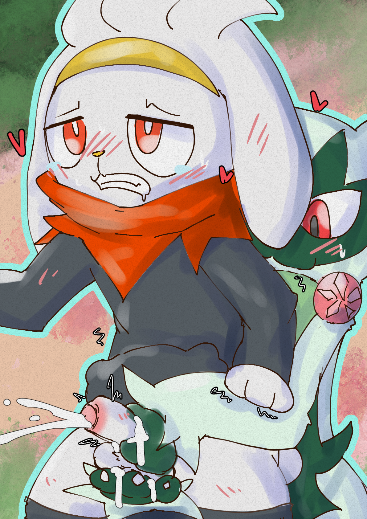 2024 3_fingers ambiguous_anthro ambiguous_gender anthro anthro_on_anthro ball_grab balls biped black_eyebrows blue_outline blush blush_lines bodily_fluids body_blush bottomwear bottomwear_down claws clenched_teeth clothed clothing cum cum_on_hand cumshot digital_media_(artwork) duo ear_blush ejaculation erection eyebrows facial_markings felid feline finger_claws fingers floppy_ears floragato fur generation_8_pokemon generation_9_pokemon genital_fluids genitals glans green_body green_fur handjob head_markings heart_symbol hi_res lagomorph leporid male male/ambiguous male_anthro mammal markings mask_(marking) multicolored_penis nintendo outline pants pants_down partially_clothed partially_clothed_anthro partially_clothed_male penile penis penis_blush pink_glans pink_penis pokemon pokemon_(species) raboot red_eyes sex shaking suzuinu sweat tears teeth thin_eyebrows trembling two_tone_penis white_balls white_body white_fur white_penis yellow_nose