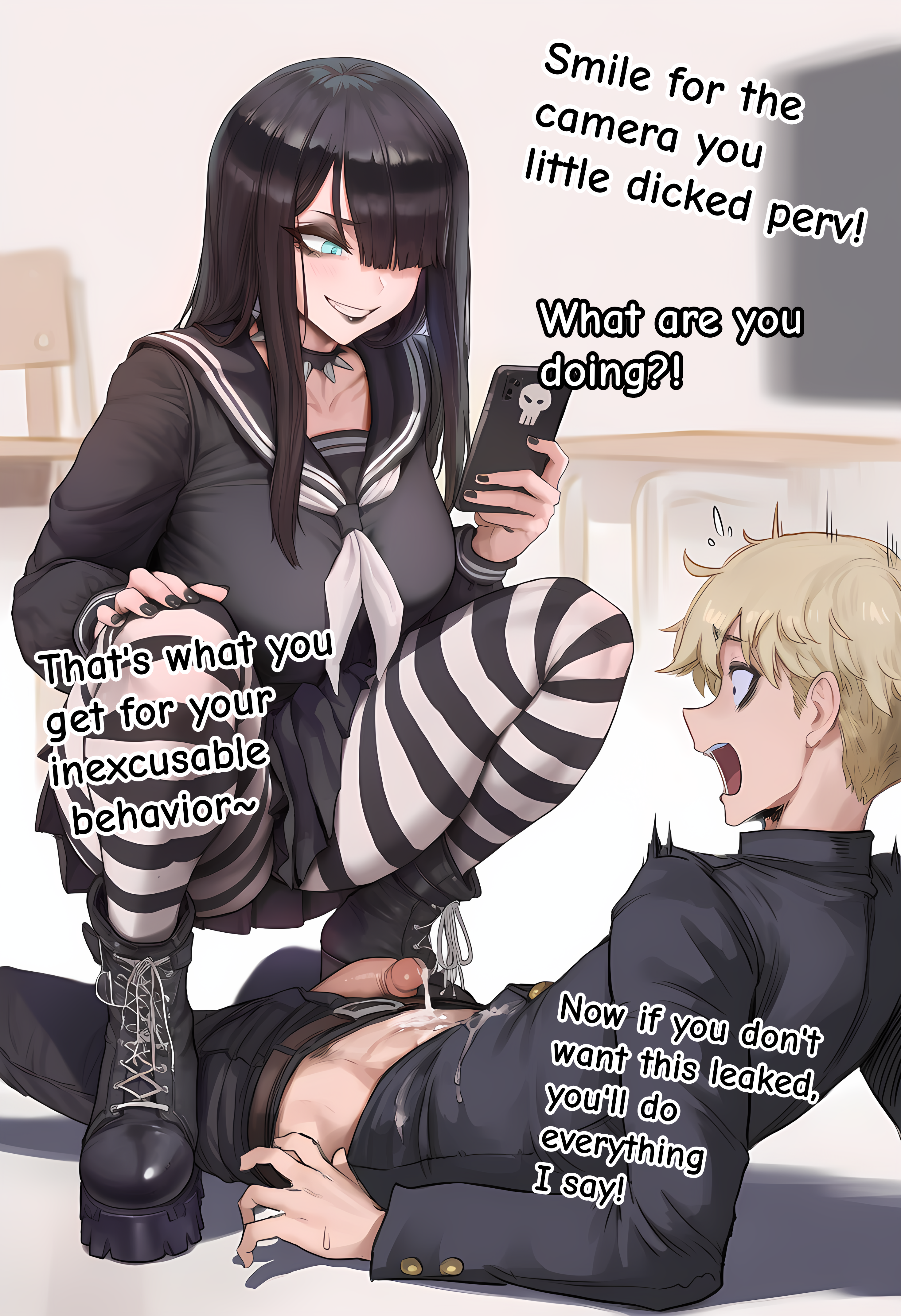 ai_generated bangs black_clothing black_eyeshadow black_fingernails black_hair black_lipstick black_makeup black_skirt blackmail blonde_hair blunt_bangs boots collar femdom goth goth_girl gothic hair_over_one_eye holding_phone light_blue_eyes marlai pantyhose sailor_uniform schoolgirl shocked_expression skinny skinny_male small_penis sph spread_legs squatting striped_legwear white_tie