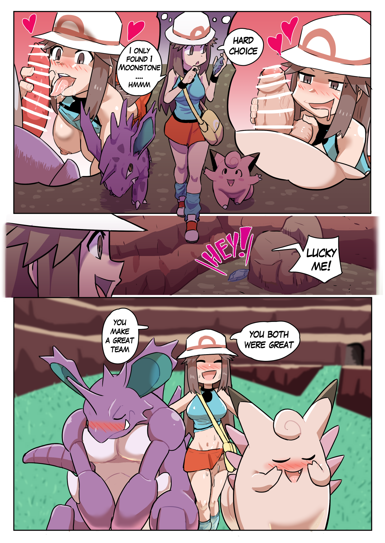 2boys blush censored clefable clefairy dialogue drooling english_text erection evolution_stone fellatio female game_freak highres implied_sex leaf_(pokemon) licking licking_penis male moon_stone multiple_boys multiple_males navel nidoking nidorino nintendo nipples oral penis pokemon pokemon_(creature) pokemon_frlg pokephilia saliva speech_bubble text ukaya_masaru ukaya_masaru_mx zoophilia