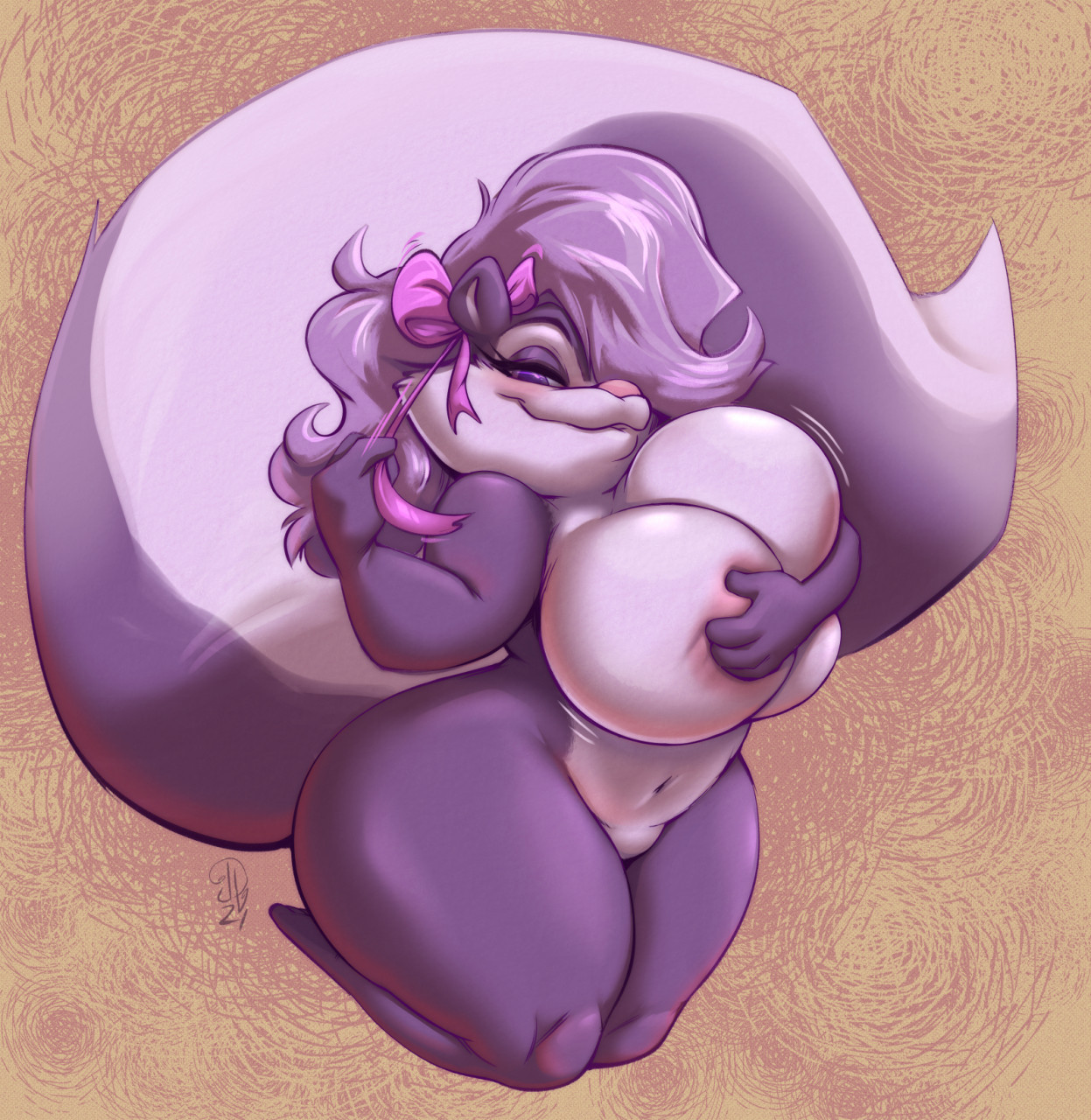 joelasko, fifi la fume, tiny toon adventures, warner brothers, hi res, simple background, accessory, anthro, big breasts, blue sclera, breasts, crotch lines, female, fluffy, fluffy tail, hair accessory, hair ribbon, hairbow, holding breast, huge breasts, huge tail, kneeling, looking at viewer, mammal, medium hair, mephitid, navel, nipple outline, nude, pink nose, purple eyes, ribbons, skunk, smile, smirk, solo, tan background, thick thighs, wide hips, 