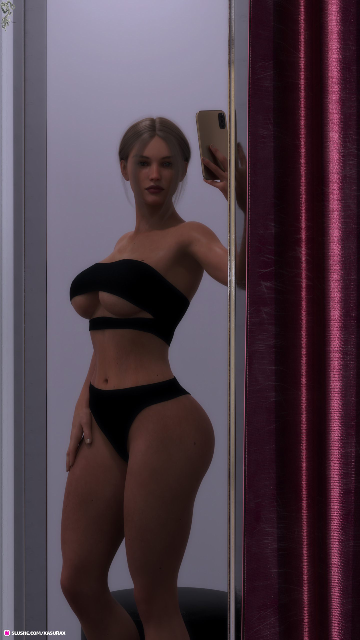 original character, original, slushe (website), 3d, 1girls, female, female only, large breasts, megan (xasurax), mirror, mirror selfie, pinup, reflection, selfie, smartphone, solo, solo female, standing, xasurax, 