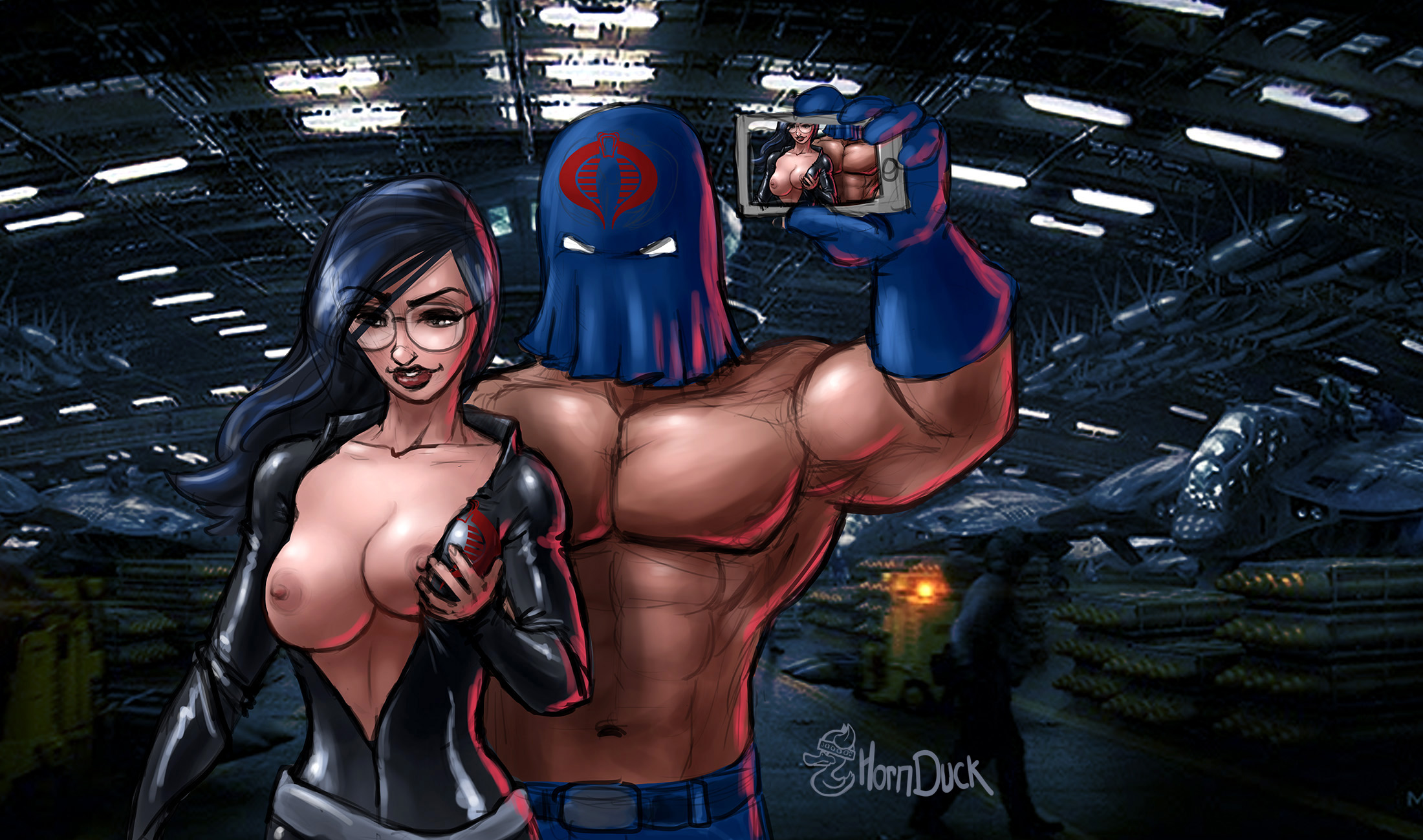 hornduck, anastasia cisarovna, baroness, cobra commander, flash, cobra (g.i. joe), g.i. joe, hasbro, color, colored, pose, 1boy, 1girls, 5 fingers, abs, areola, areolae, armpits, arms up, artist name, athletic, bangs, bare shoulders, belt, biceps, big breasts, blue gloves, blue hair, bodysuit, breast grab, breasts, bust, busty, cellphone, clothes, clothing, dark hair, detailed background, erect nipples, exposed breasts, exposed nipples, eyebrows visible through hair, eyewear, facing viewer, female, fit, glasses, gloves, grabbing own breast, holding, holding object, holding phone, human, human only, indoors, inside, large breasts, light-skinned female, light skin, lips, lipstick, long hair, looking at viewer, makeup, male, mask, megane, muscle, muscle tone, muscles, muscular, muscular male, nipples, no bra, nude, nude female, nudity, open clothes, open eyes, pants, pecs, perky breasts, phone, red lips, red lipstick, selfie, shiny, shiny clothes, shirtless, signature, smile, smiling, standing, tan, tan skin, teeth, toned, uncensored, unzipped, white eyes, 