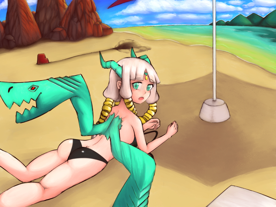 oracle (dmfd), dragon marked for death, inti creates, 1girls, ass, baitousagi, beach, bikini, dat ass, dragon, dragon girl, green eyes, horn, horns, long hair, medium breasts, monster girl, pale skin, sunbathing, undone bikini, undone bra, white hair, wings, 