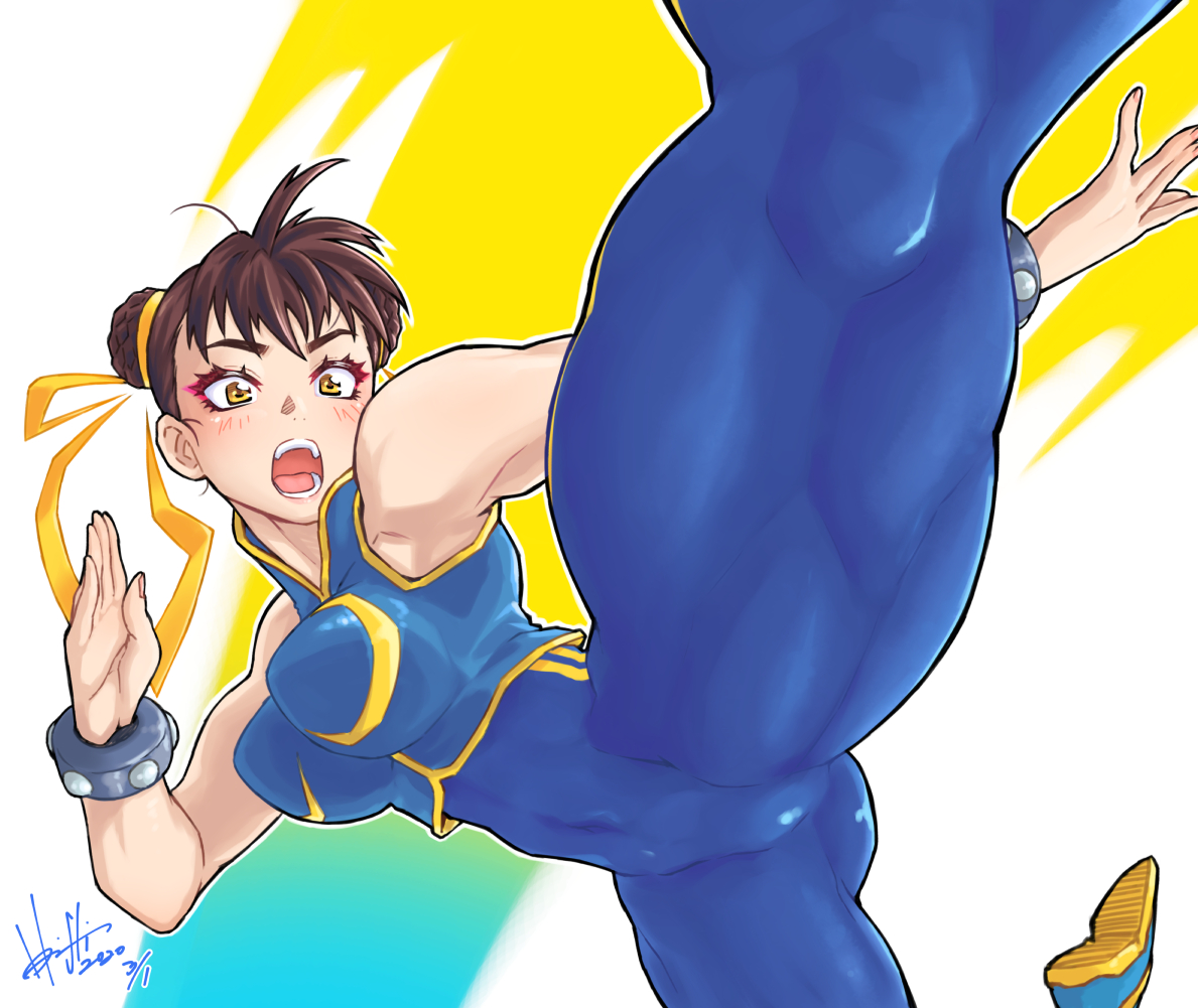 big, chun-li, street fighter, big breasts, kicking, leg up, muscular female, thick legs, thick thighs, 