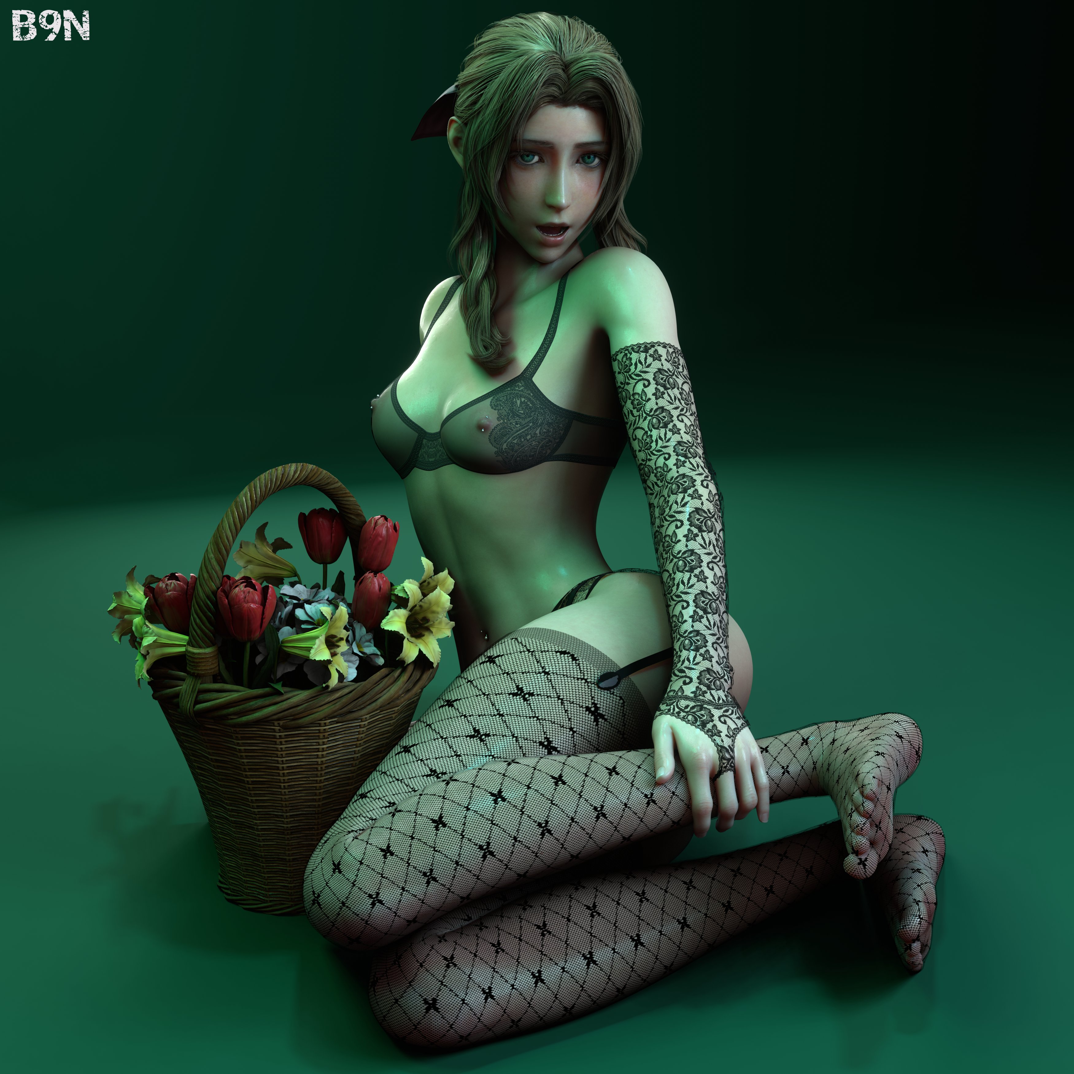aerith gainsborough, final fantasy, final fantasy vii, final fantasy vii remake, brown hair, flower, green eyes, 