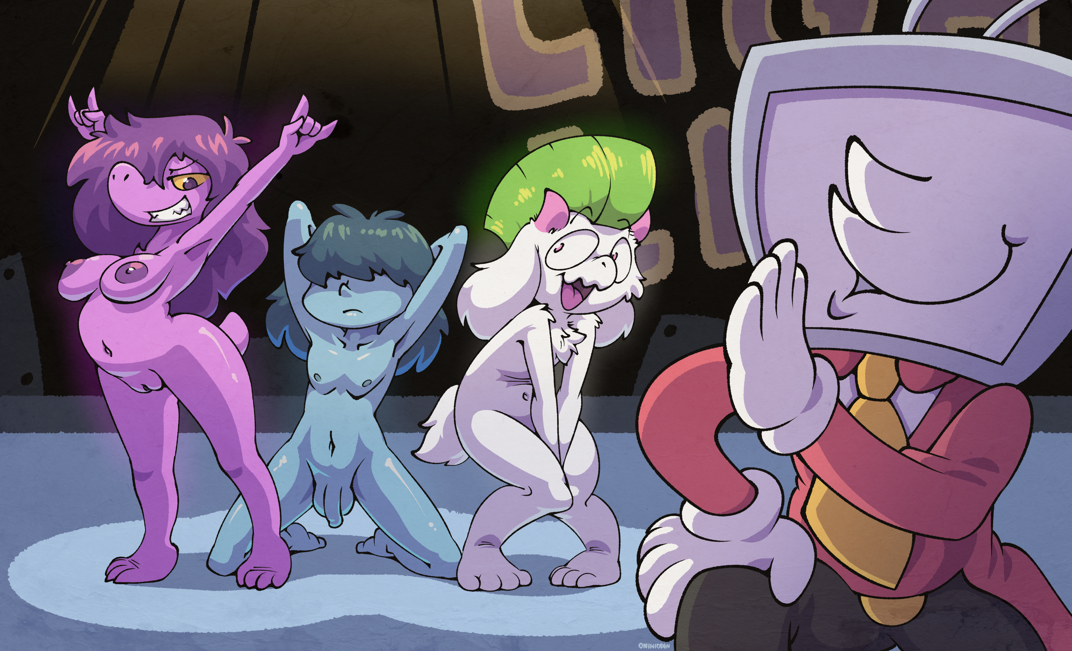 absurd_res anthro big_penis bovid caprine covering covering_crotch darkner deltarune devil_horns_(gesture) dinosaur eyewear eyewear_only female flaccid for_a_head genitals gesture glasses glasses_only group hand_gesture hi_res human humanoid kris_(deltarune) male mammal mohawk navel nude object_head onihidden penis prehistoric_species ralsei reptile scalie susie_(deltarune) tenna_(deltarune) trio undertale_(series) vulva wearing_glasses