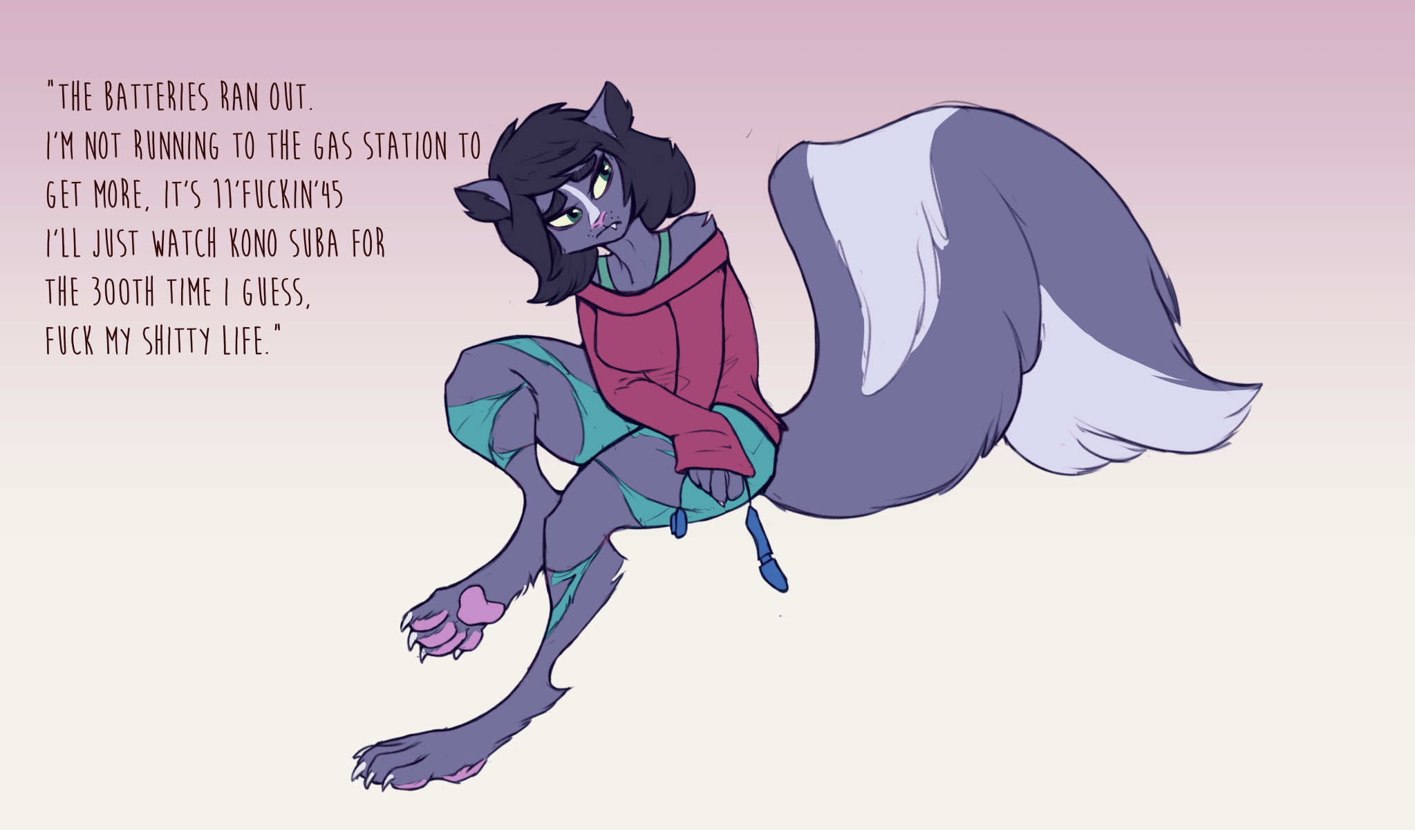 english text, hi res, simple background, text, 2021, anthro, breasts, clothing, dialogue, fangs, female, green eyes, hair, implied transformation, legwear, looking up, mammal, mephitid, pantyhose, pawpads, sex toy, sharkrags, shirt, skunk, solo, topwear, torn clothing, torn legwear, torn pantyhose, 