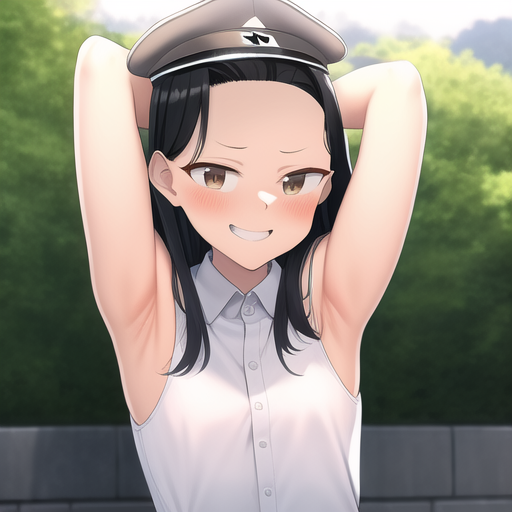 hayase nagatoro, hi res, highres, pose, simple background, 1girls, black hair, breasts, brown eyes, clothed, clothing, female, female focus, female only, hentai-nazi, long hair, looking at viewer, military, military uniform, revealing clothes, small breasts, smile, solo, tan, tan-skinned female, tan body, tan skin, tanned, tanned female, uniform, 