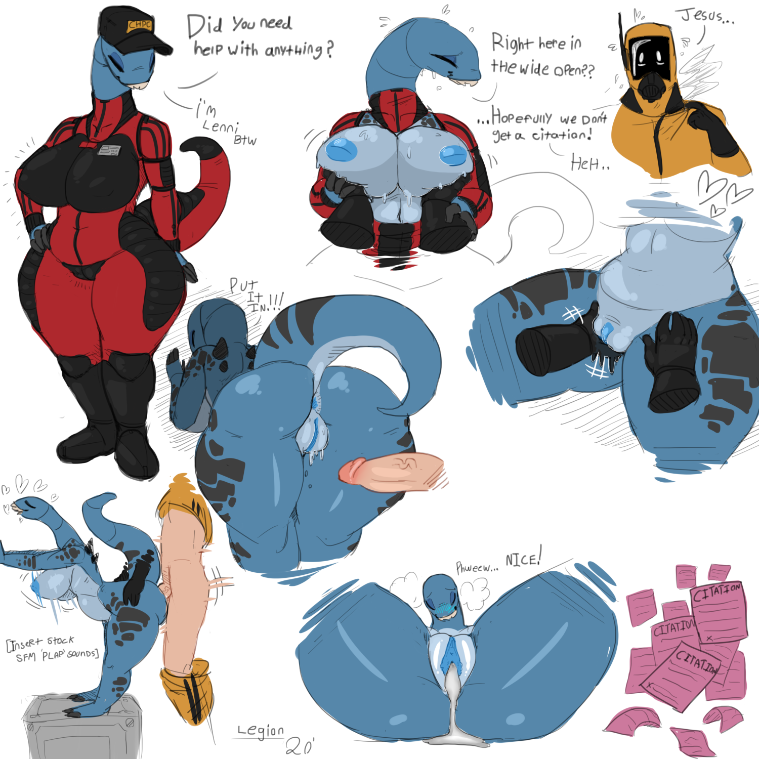 artlegionary, lenni (artlegionary), 1:1, 2020, english text, hi res, sound effects, text, 2 toes, 4 fingers, alien, anus, ass, bent over, big breasts, big butt, blue body, blush, bodily fluids, bodysuit, boots, bouncing breasts, breast grab, breasts, breath, bust portrait, camel toe, closed eyes, clothed, clothing, countershade torso, countershading, cum, cum drip, cum in pussy, cum inside, cum leaking, dialogue, disembodied hand, dripping, duo, erection, eyelashes, faceless male, female, finger fuck, fingering, fingers, footwear, from behind position, front view, furgonomics, genital fluids, genitals, glans, hand on breast, hand on butt, hand on hip, hat, hazmat suit, headgear, headwear, heart, holding breast, huge breasts, human, humanoid genitalia, humanoid penis, larger male, long neck, looking pleasured, male, male/female, mammal, motion lines, multiple scenes, navel, nipple outline, nude, partially clothed, penis, portrait, presenting, presenting hindquarters, pussy, pussy juice, rear view, sex, short stack, side view, size difference, skinsuit, slightly chubby, smaller female, smile, spikes, spread legs, spreading, standing, sweat, teeth, thick thighs, tight clothing, toes, vaginal penetration, vein, wavy mouth, wide hips, wurae, 