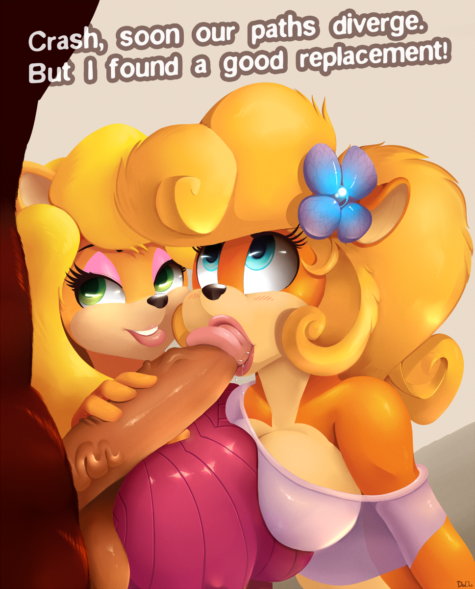 don ko, coco bandicoot, crash bandicoot, tawna bandicoot, crash (series), 2017, english text, text, anthro, balls, bandicoot, big breasts, blue eyes, blush, breasts, erection, fellatio, female, flower, green eyes, group, group sex, incest, male, mammal, marsupial, nipples, oral, penis, plant, sex, straight, threesome, video games, 