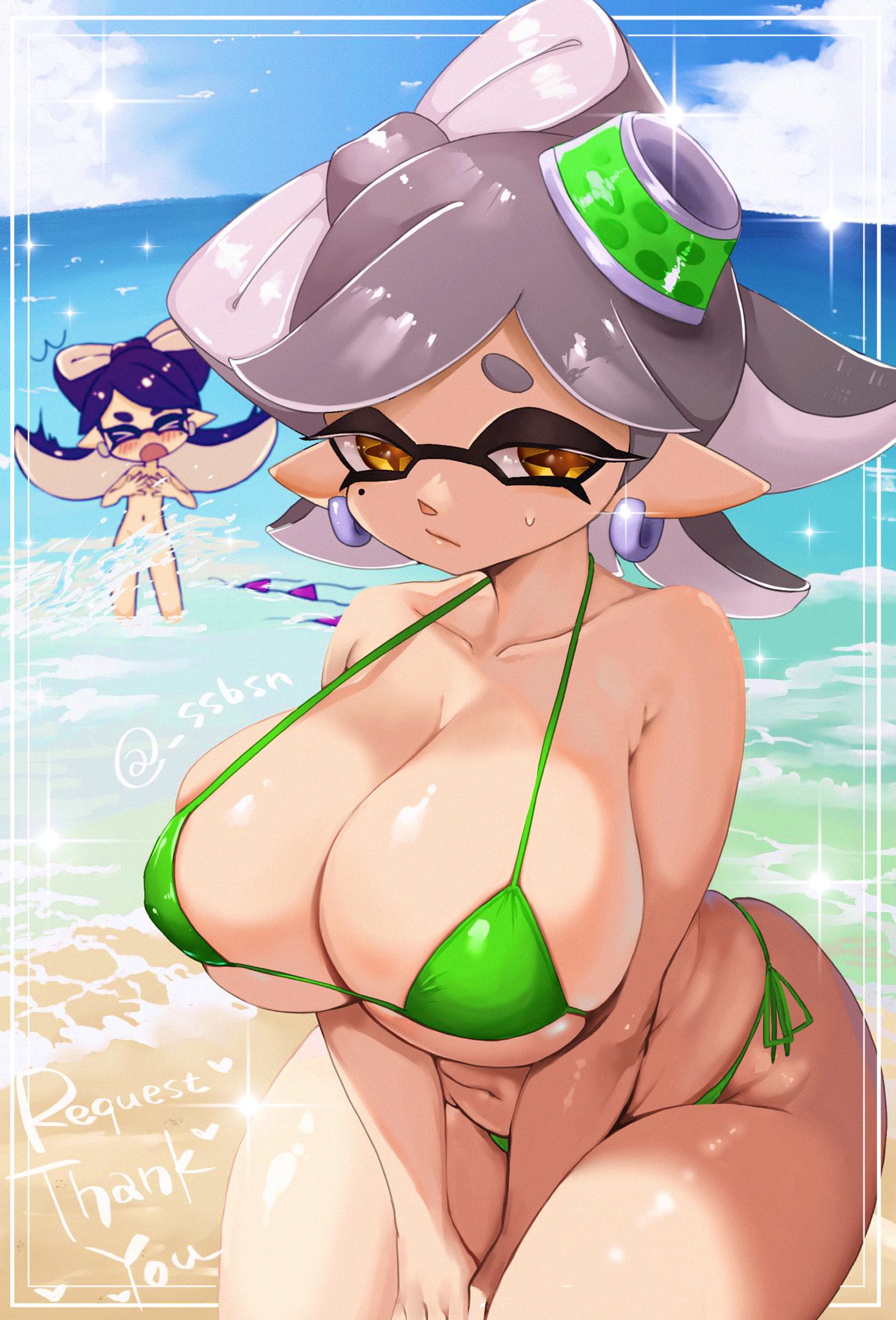 callie (splatoon), inkling, marie (splatoon), splatoon, text, twitter username, 2023, arm on leg, beach, beach background, bikini bottom, bikini on ocean, bikini top, black eyebrows, black eyelashes, black hair, blue sky, blush, blush lines, breasts, closed eyes, covering, covering breasts, ear piercing, earrings, full body, gray eyebrows, gray hair, green bikini, hair, headwear, huge breasts, idol, looking at viewer, ocean background, ocean floor, open mouth, sand, shiny breasts, shiny hair, shiny skin, shock, shore, shoreline, short hair, summer, sunshine, water, yellow eyes, 