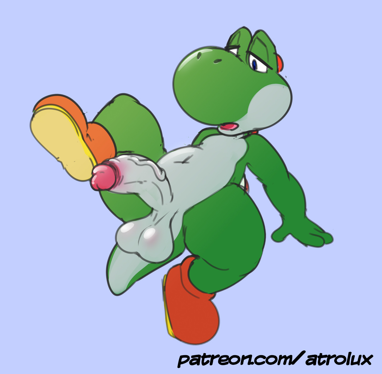 atrolux, green yoshi, yoshi, mario bros, nintendo, 2019, patreon, simple background, url, 4 fingers, anthro, balls, belly, big balls, blue eyes, clothing, erection, footwear, half-closed eyes, humanoid penis, leaning, leaning back, looking down, male, male only, mostly nude, navel, nude, open mouth, penis, presenting, presenting penis, raised leg, reptile, sagging balls, scalie, shoes, sitting, solo, spread legs, spreading, thick thighs, uncut, vein, veiny penis, video games, 