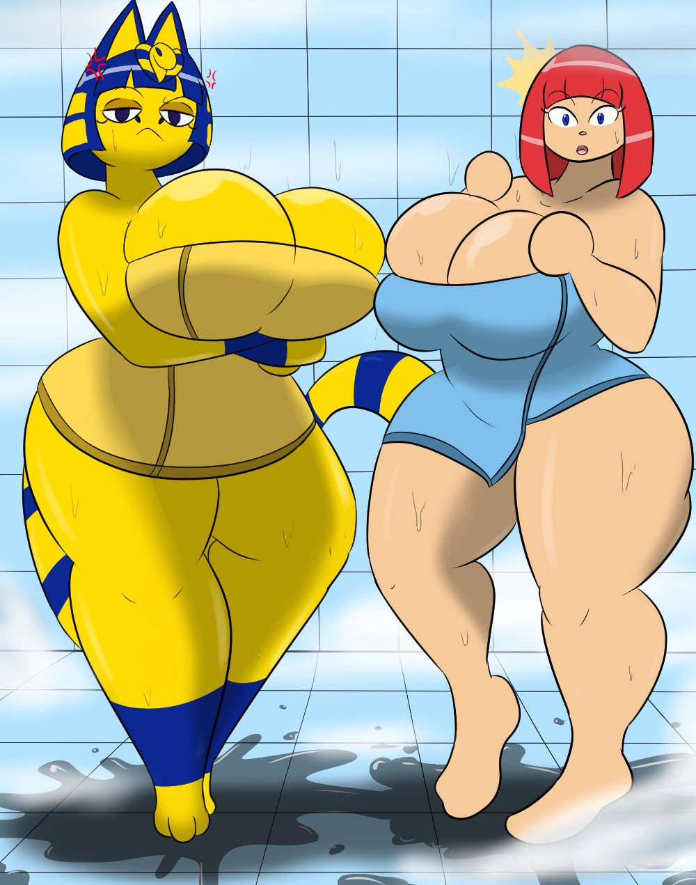 igphhangout, ankha, villager (animal crossing), animal crossing, source request, tagme, 2021, 2girls, 3 toes, after shower, anger vein, annoyed, bath towel, big ass, big breasts, blue eyes, blue hair, cat, cute, egyptian, featureless feet, featureless hands, feline, feline humanoid, female, huge breasts, human, looking at viewer, red eyes, shower, shower room, steam, surprised, thick thighs, towel, water, wet, yellow fur, 