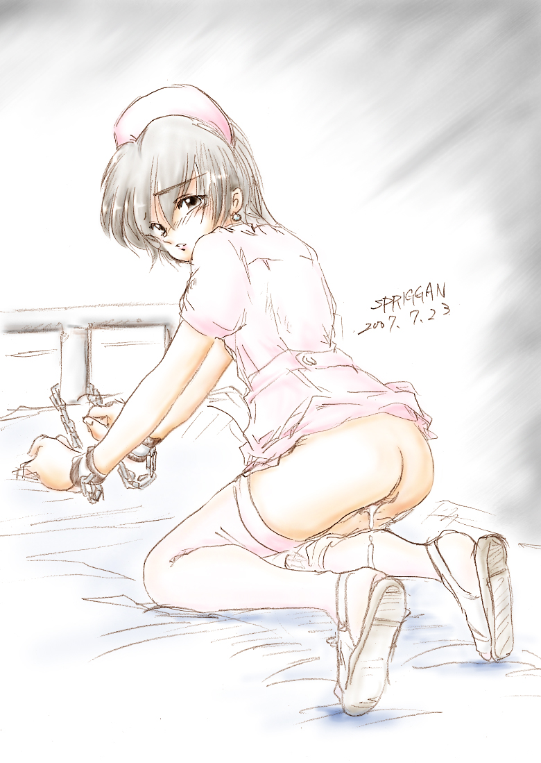 original, ass, bondage, brown eyes, cuffs, cum, cumdrip, female, handcuffs, hat, kneeling, long hair, looking at viewer, no panties, nurse, nurse cap, pussy, silver hair, solo, spriggan (taross07), thighhighs, 
