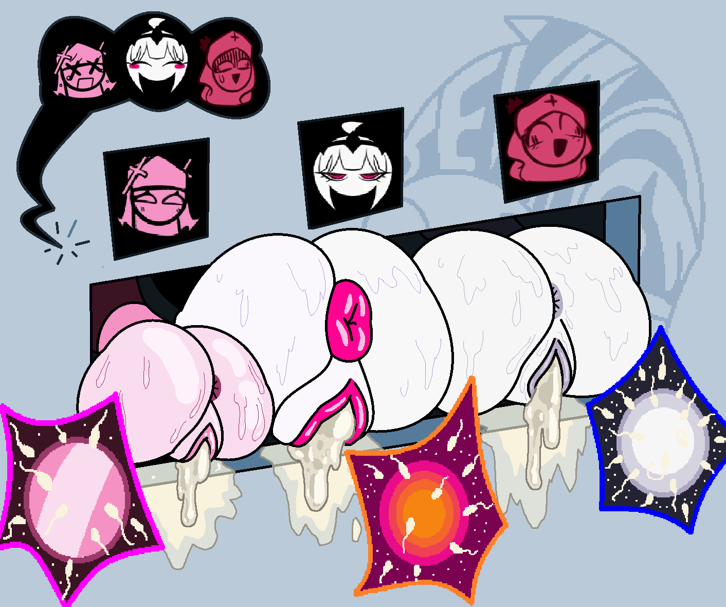 simple background, 3girls, big ass, big butt, cum, cum inside, friday night funkin mod, impregnation, jevans, nikusa (sugarratio), pink skin, public use, puffy anus, pussy, sarvente (dokki.doodlez), taki (fevertown), white skin, 