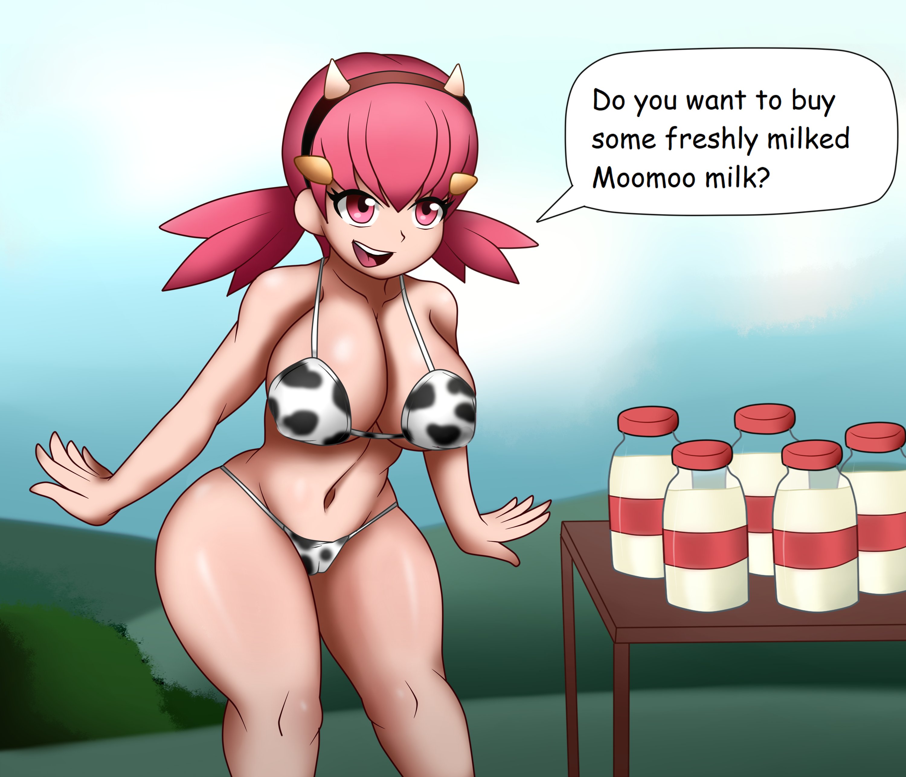 cucarachaaa, whitney (pokemon), nintendo, pokemon gsc, speech bubble, text, bikini, cow horns, lactating, lactation, milk, pokemon, 